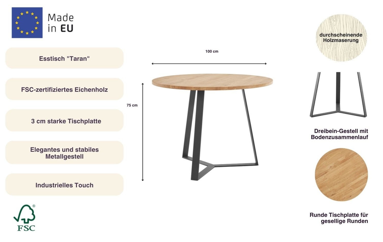 andas Esstisch »Taran« Gesamtmasse D/H: 100/75cm,  aus Massivholz