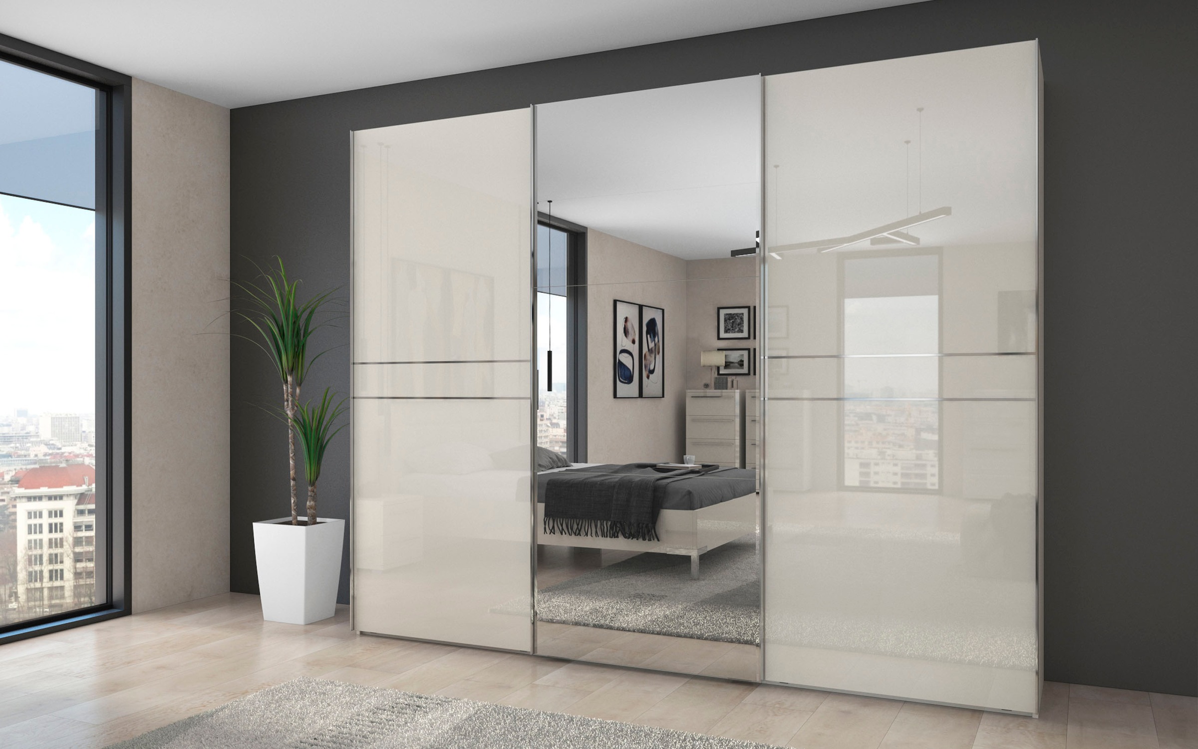 Image of GOODproduct Schwebetürenschrank "Piano, mit Einlegeböden, Kleiderstangen, Spiegel, Türen soft-close" in 3 Breiten, 224cm hoch, mit verchromten Aufleistungen, mit Spiegeltür, FSC-zertifizierter Holzwerkstoff