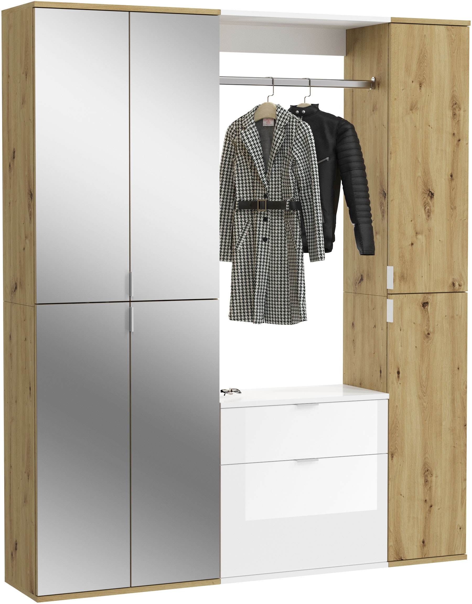 INOSIGN Garderoben-Set »Trondheim, Breite 152 cm, 5-teilig, bestehend aus:«, (Set, 4 St.), 2x Garderobenschrank, 1 Kommode, 1 Garderobenstange, 1 Ablageboden