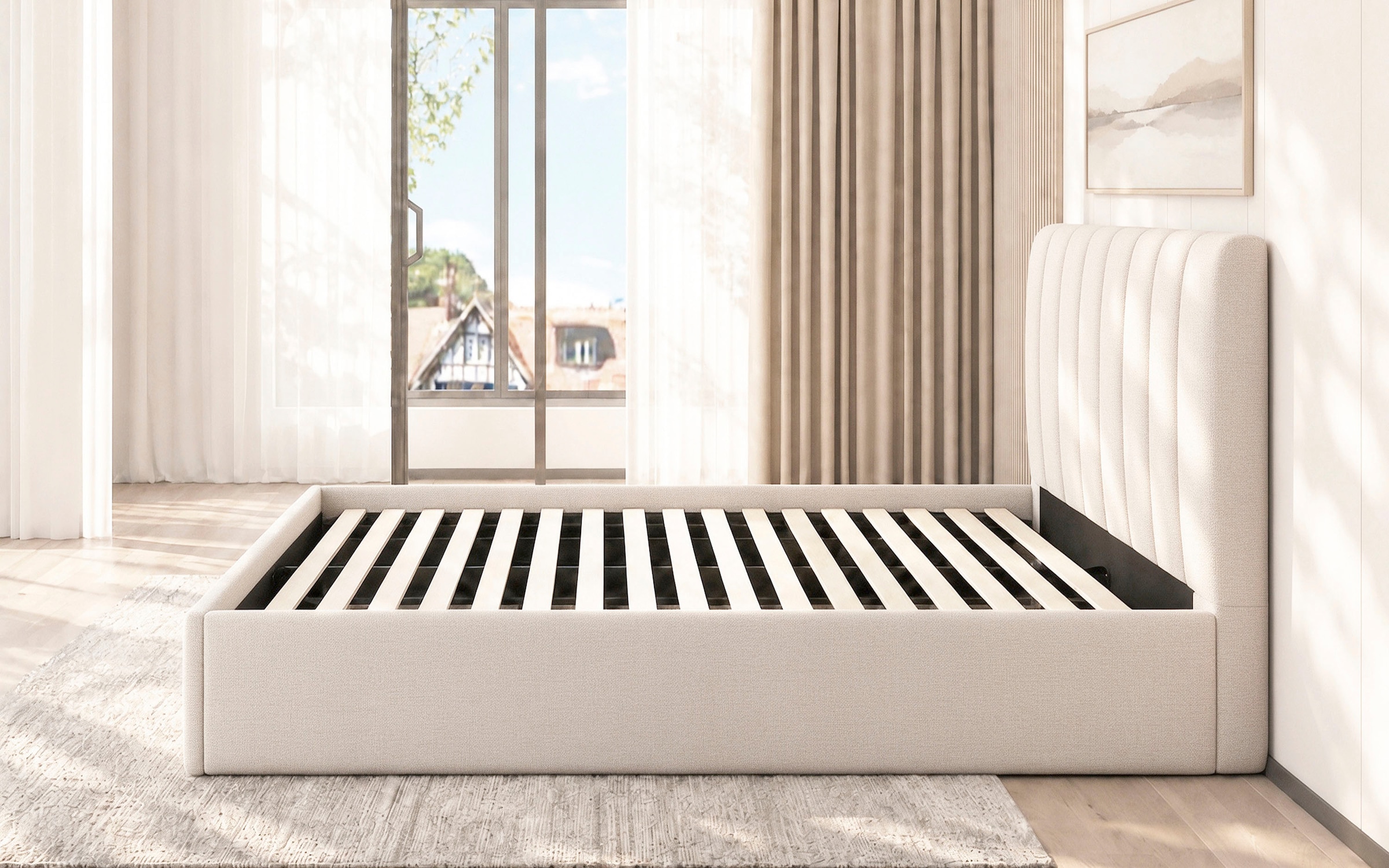GOODproduct Lit rembourré »FEELLA, Bett wahlweise mit Lattenrost, Strukturstoff-Bezug« tête de lit et cadre rembourrés, surface couchage 140x200/180x200 cm
