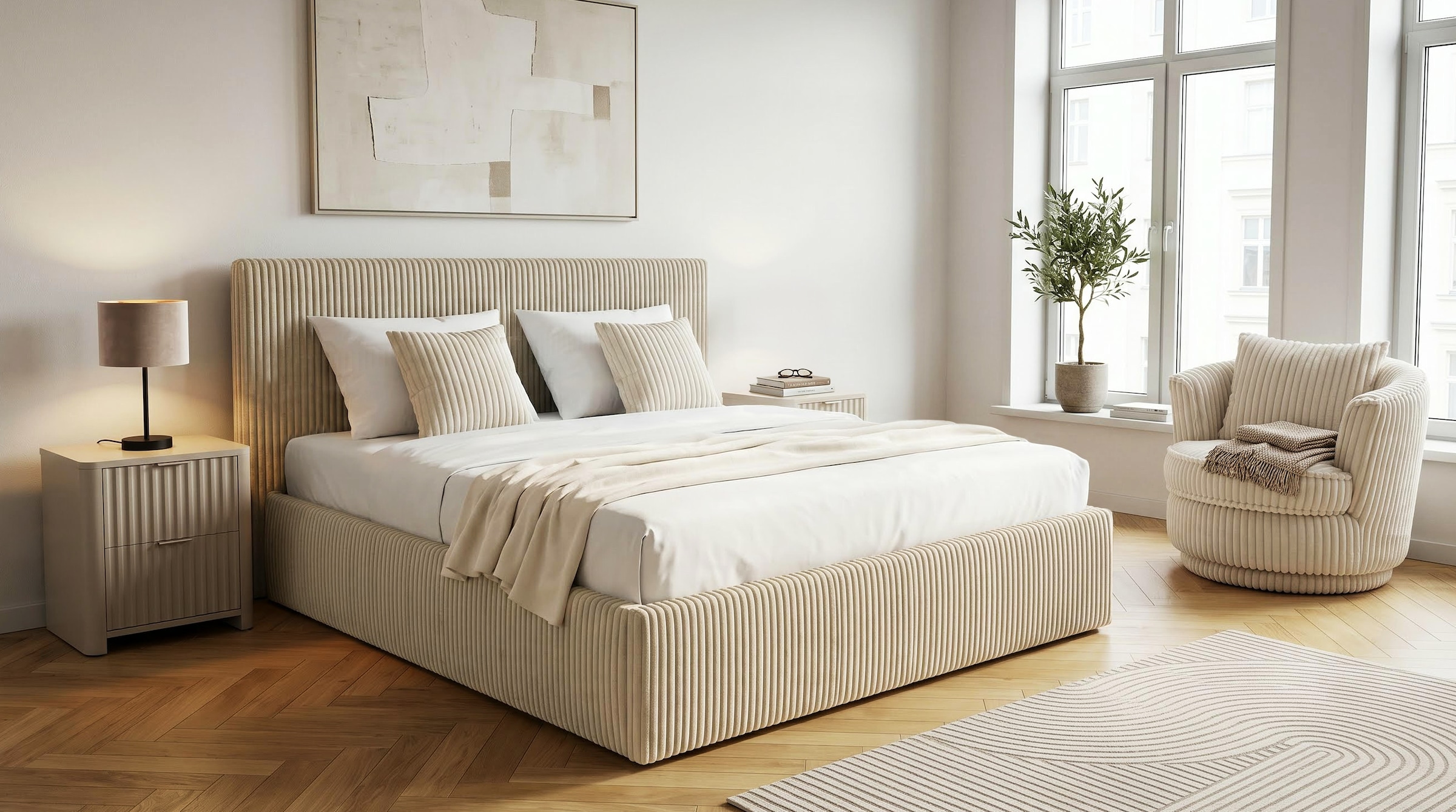 GOODproduct Lit rembourré »AVVRA in der Grösse 180x200 cm, mit flauschigen Breitcord bezogen« au choix avec sommier à lattes et matelas King (28cm)