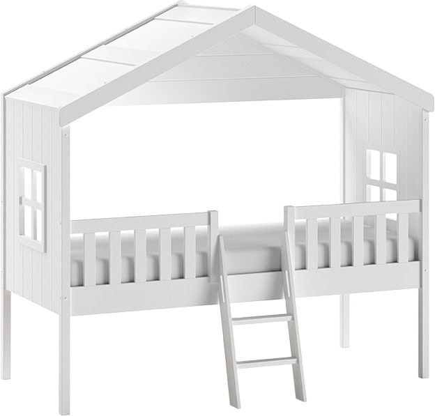 Vipack Hausbett »Kiefer massiv weiss lackiert, Made in Europe, stabil gebaut« B/H/T ca. 213x201,8cm, wahlweise mit und ohne Rutsche,  mit Leiter, seitliche Fenster, Rolllattenrost und Absturzschutz