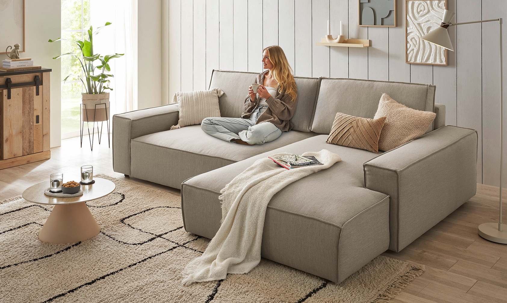 Home affaire Ecksofa »NEU: SHERWOOD XXL 284, Big-Sofa L-Form, tiefe Sitzfläche 95 cm, Cord« Recamiere rechts/links, als Schlafsofa stellbar, Cord u. Leinenoptik