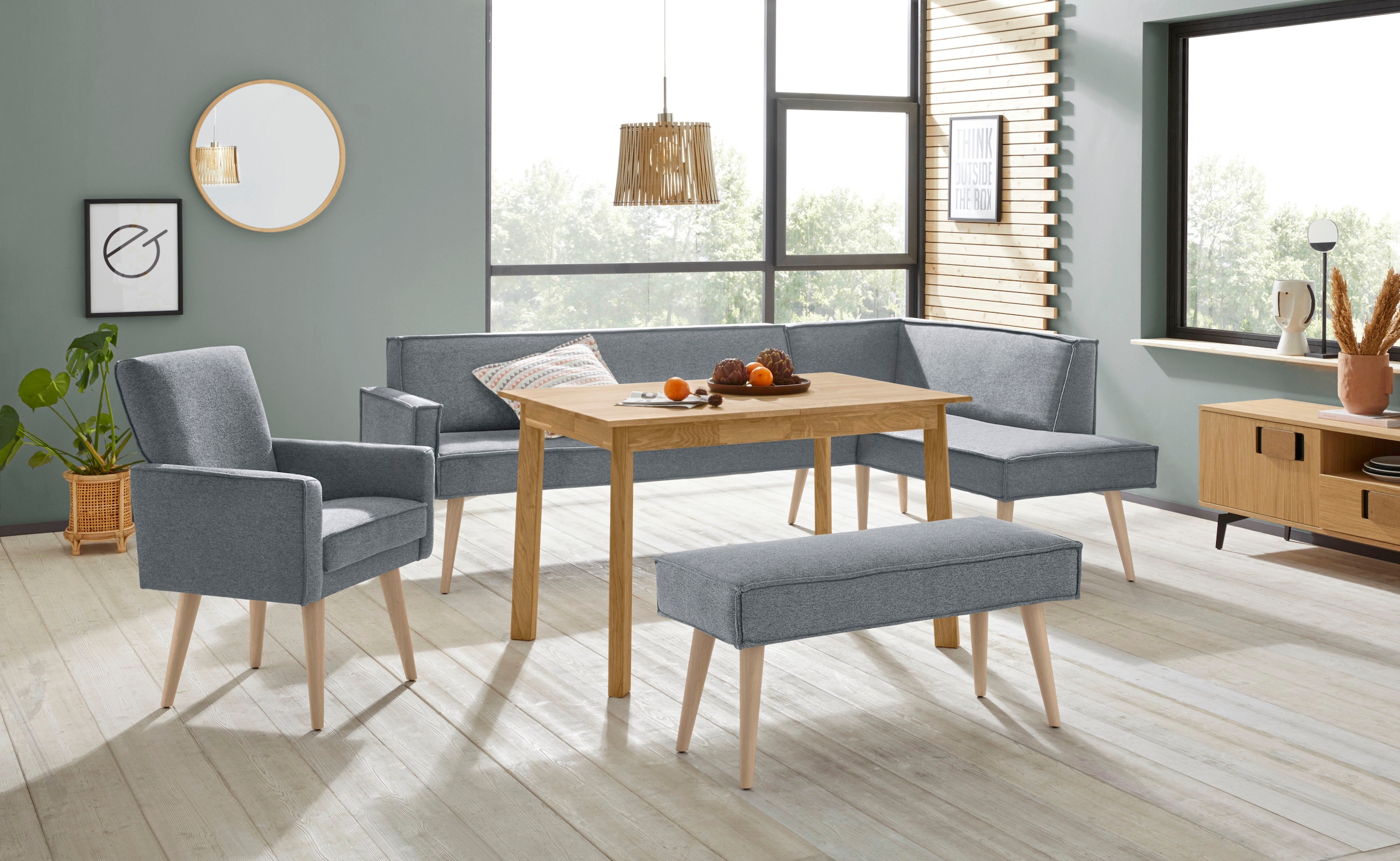 exxpo - sofa fashion Eckbank »Lungo, moderne Kedernaht, bequem und elegant, hoher Holzfuss«, hochwertige Detailverarbeitung, frei im Raum stellbar