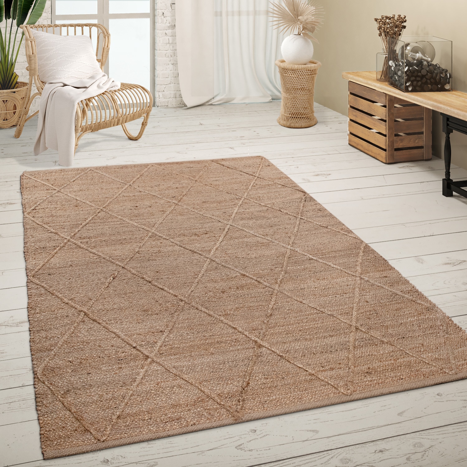 Image of Paco Home Teppich "Skive 685" rechteckig 13 mm Höhe handgeflochten, Rauten Muster, Naturfaser, auch als Läufer