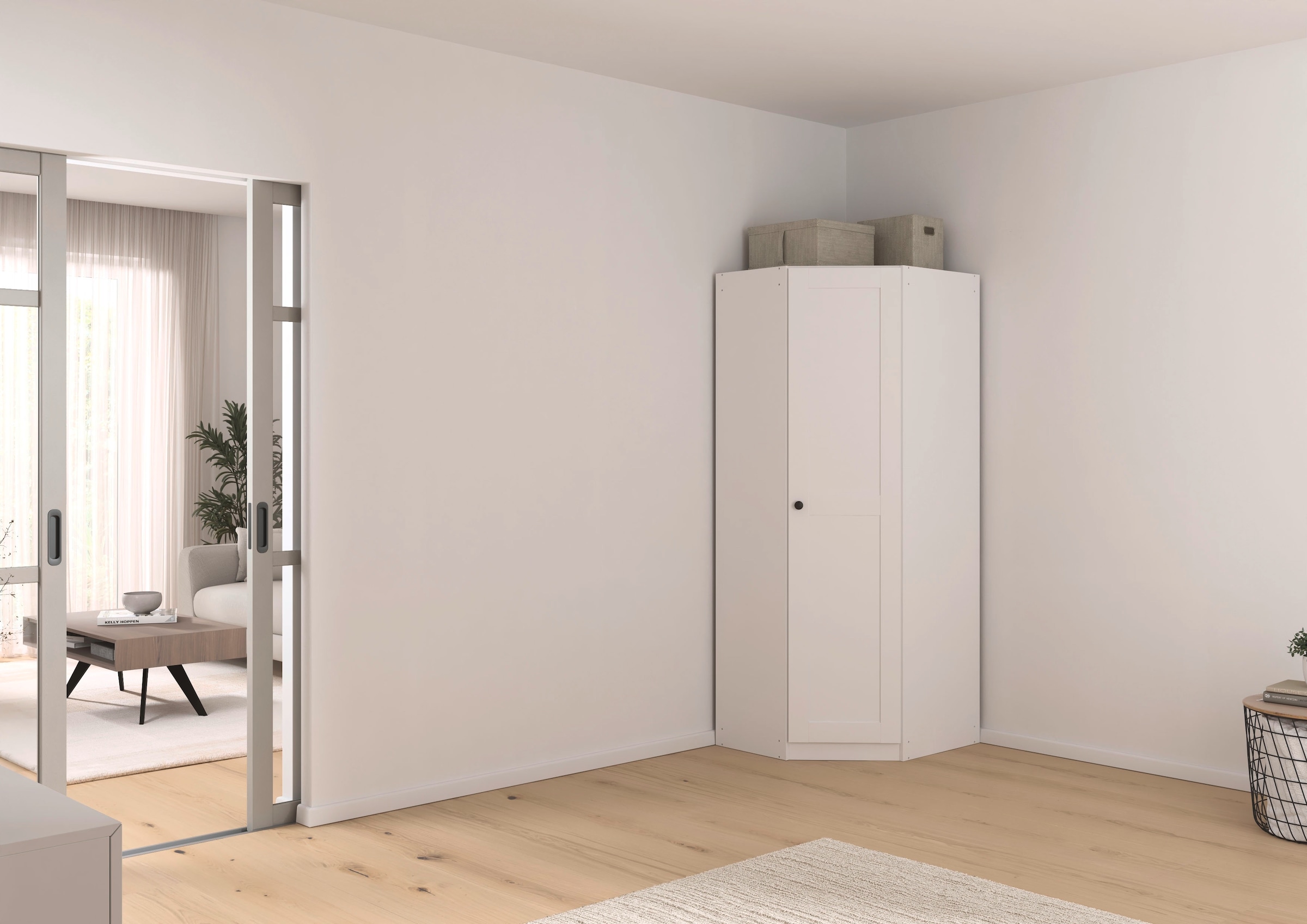 GOODproduct Eckkleiderschrank »Mehrzweckschrank Aktenschrank Möbel Mietswohnung Schlafzimmer YLVA« Schenkelmass: 85x72 cm, Höhe 197 cm,  skandinavischer Style mit Rahmenfront und Knopfgriff MADE IN GERMANY