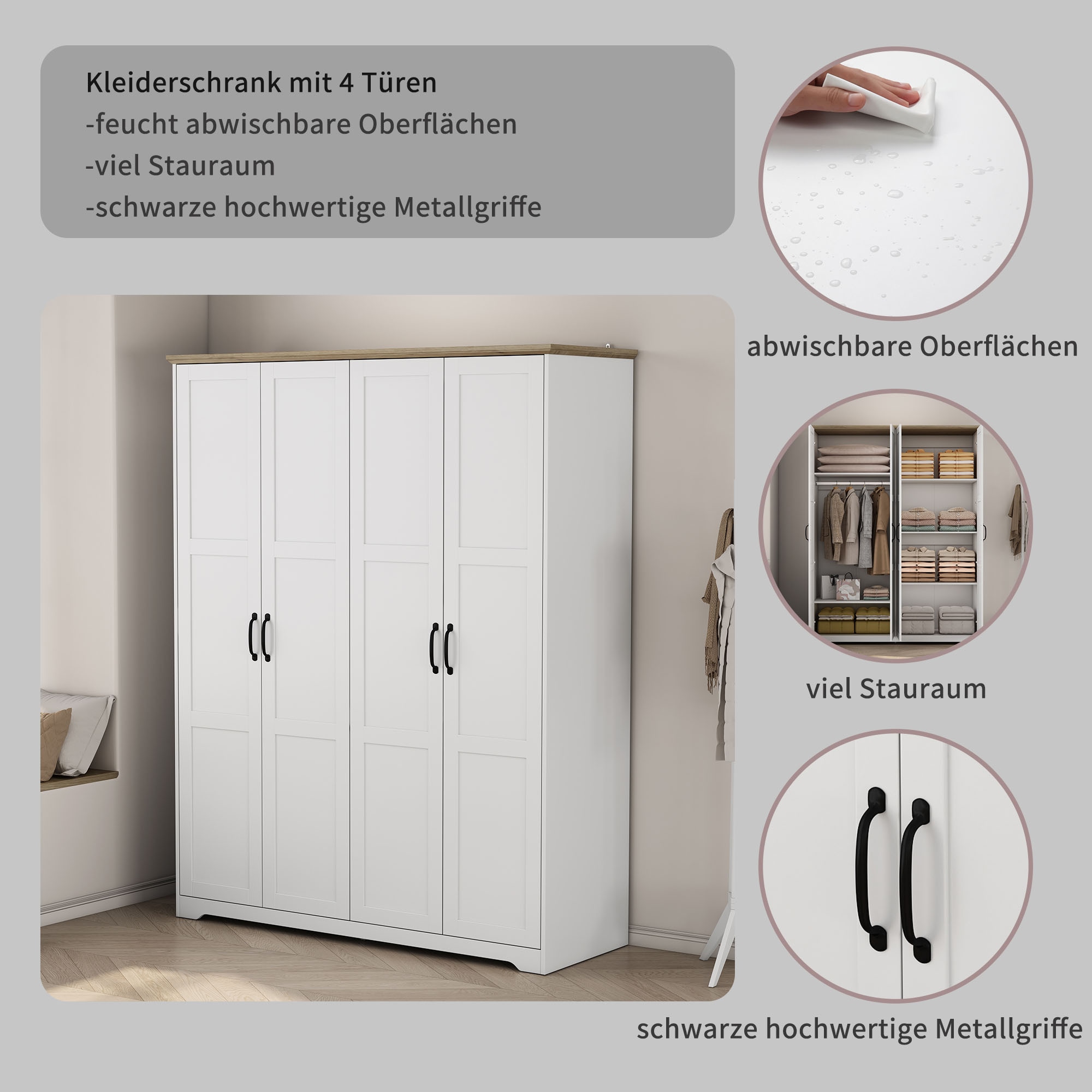 GOODproduct Kleiderschrank »Emmilia Schrank Schlafzimmerschrank im Landhaus Design« Mit vielen Einlegeböden und Softclose Türen,  Landhaus Schrank mit  4 Türen Breite 151,1cm Höhe 2m