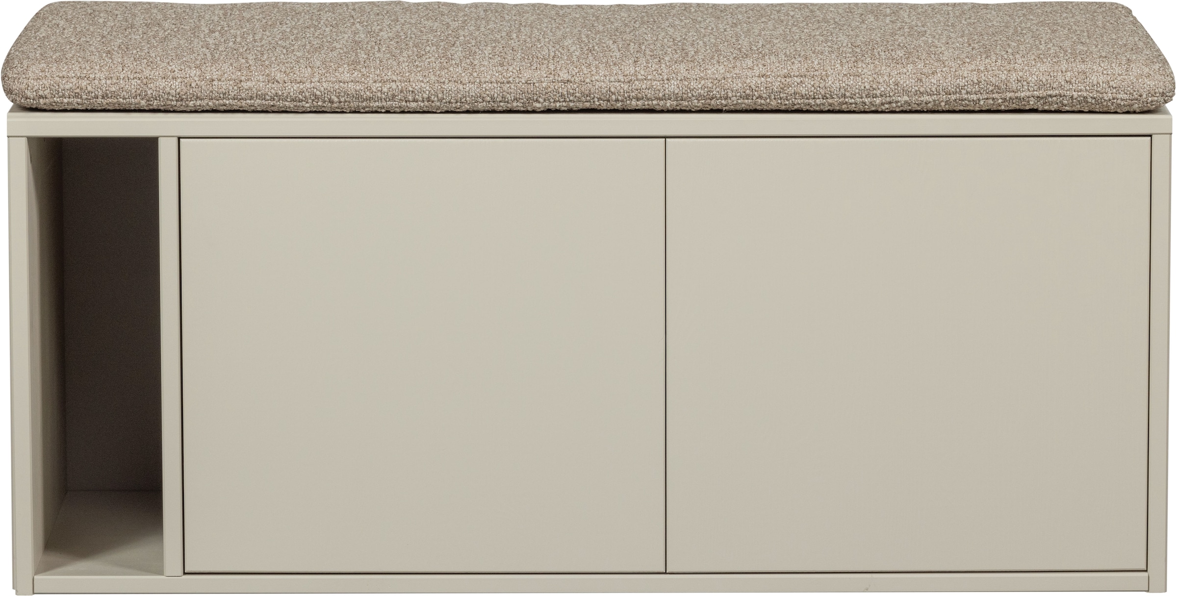 WOOOD Sitzbank »Settle Down FSC®-Kiefernholz mit Bouclé-Kissen, H 50 x B 108 x T 44 cm« Kabeldurchführung, Maximale Verschleissfestigkeit, Pfleigleicht