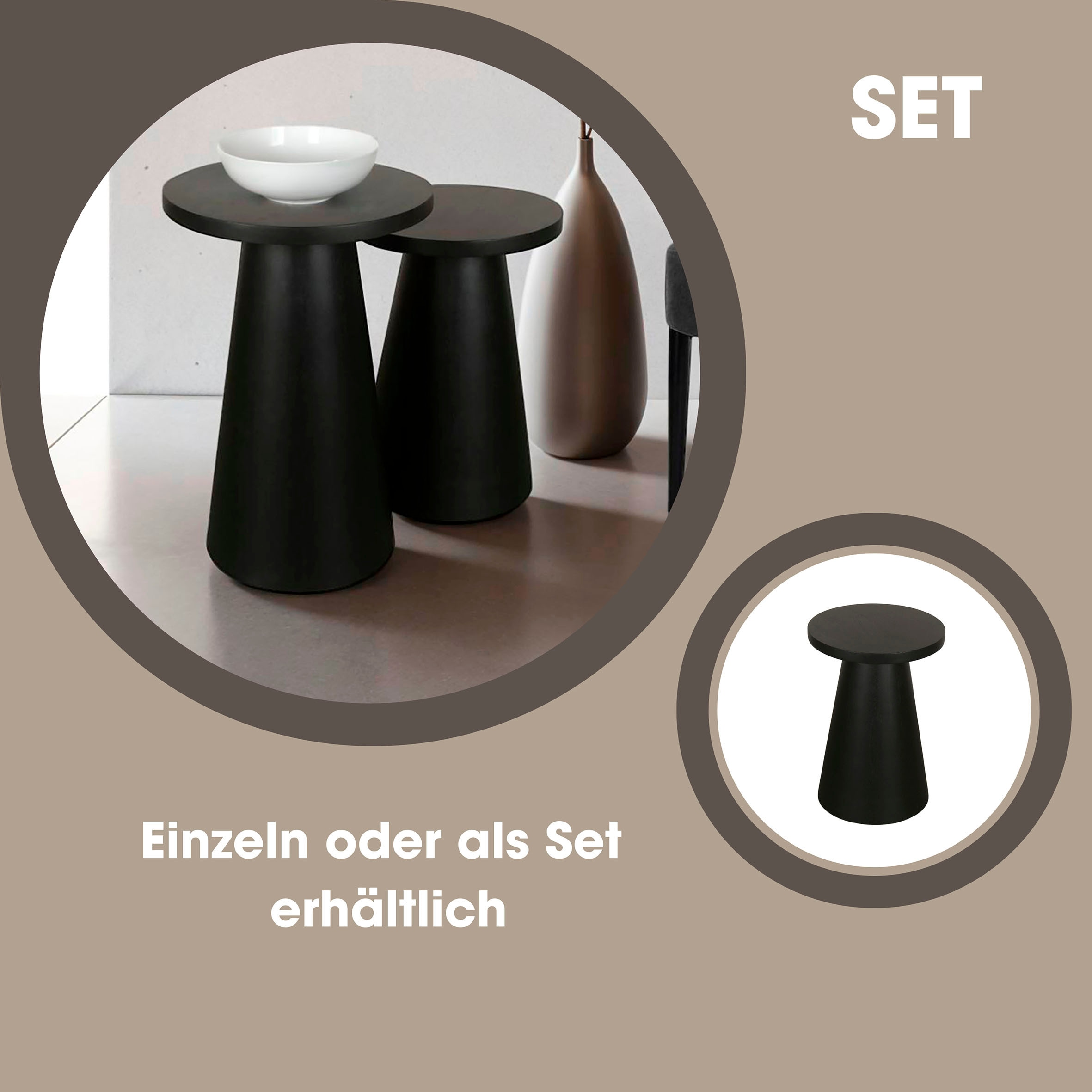 byLIVING Beistelltisch »Cone«, (Set), aus Massivholz in schwarz oder white wash, verschiedenen Grössen