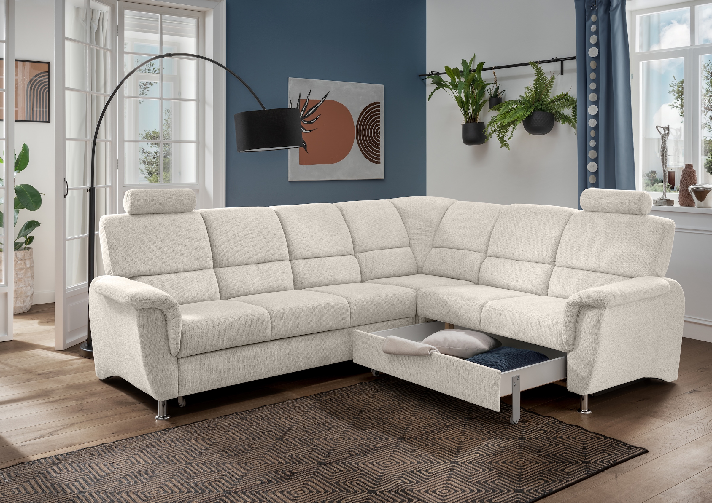 Home affaire Ecksofa »Pisa L-Form, mit Schlaffunktion, Stauraum, 2x höhenverstellbare«, Kopfstützen und Relaxfunktion im Eckelement