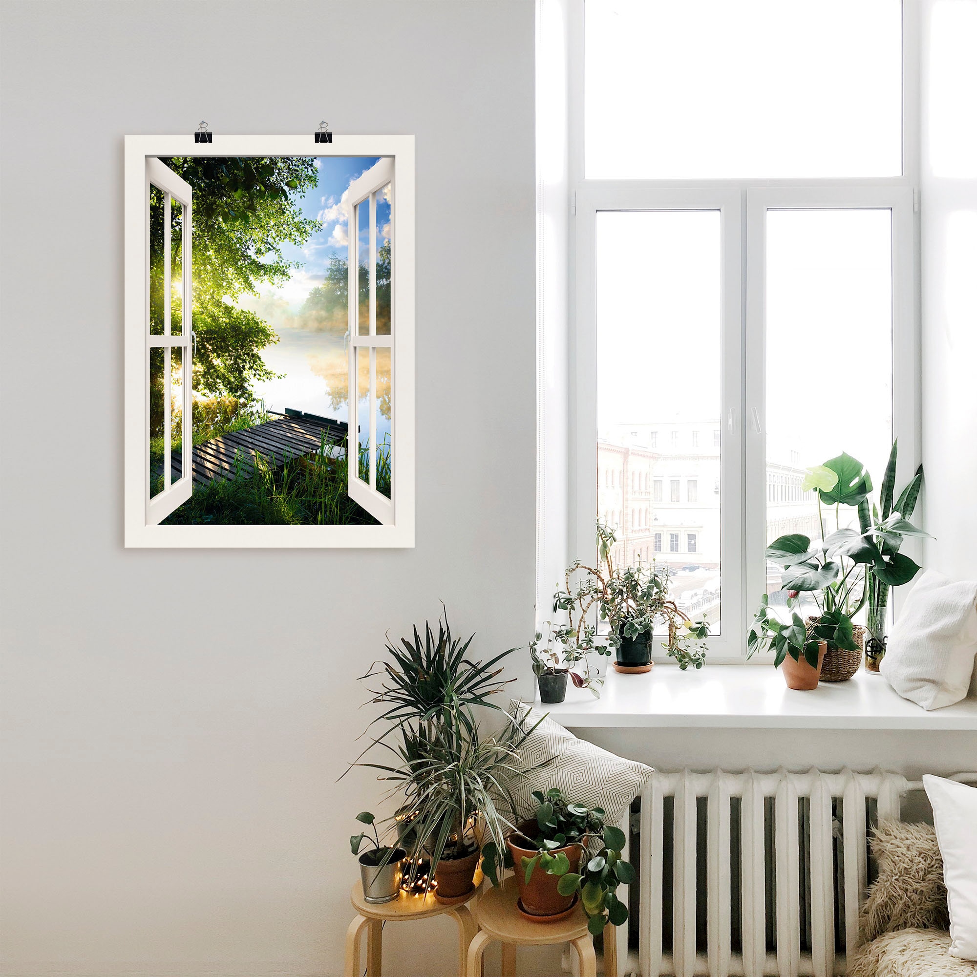 Artland Wandbild »Fensterblick Angelsteg am Fluss« Fensterblick 1 Stk. tlg. als Alubild, Outdoorbild, Leinwandbild, Poster, Wandaufkleber