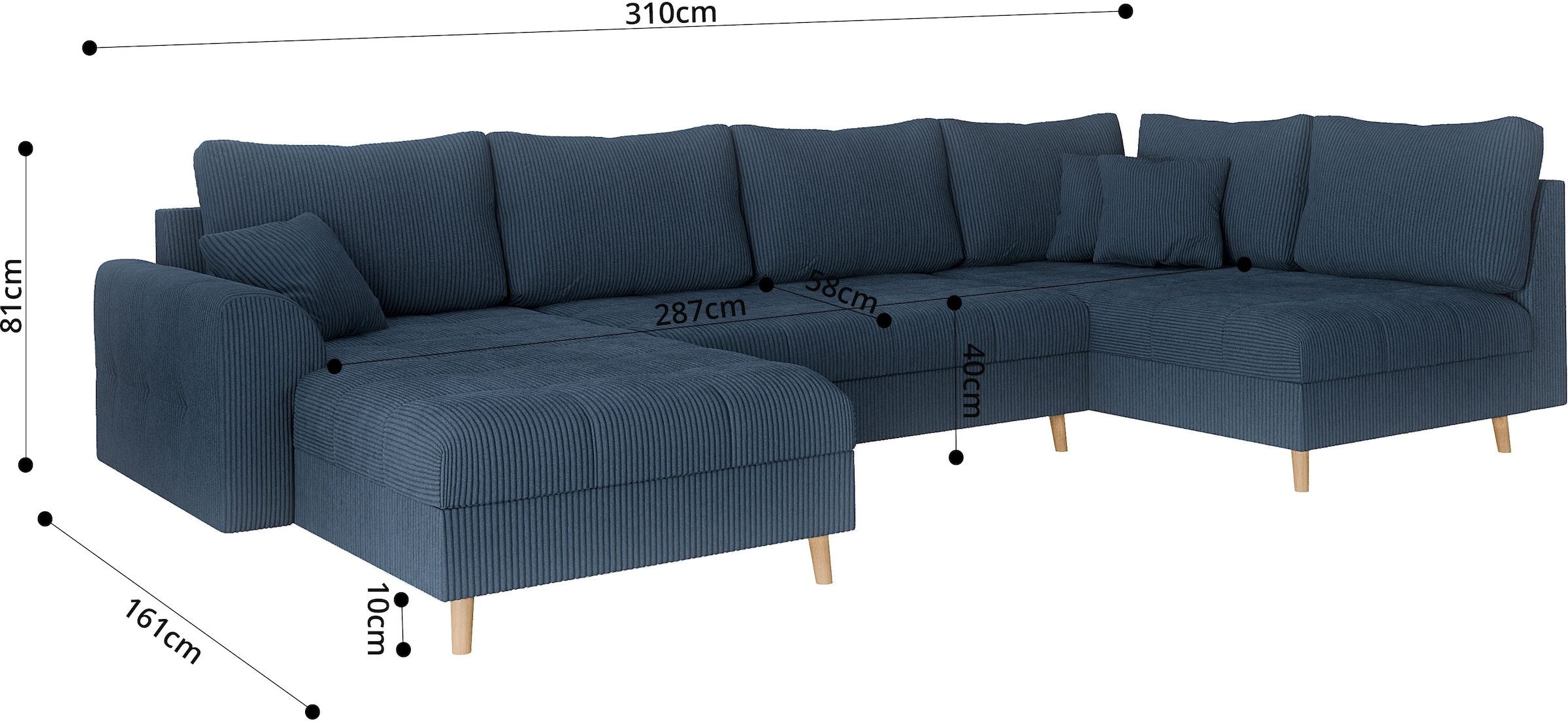 Home affaire Wohnlandschaft »CHARRE U-Form mit Ottomane, Masse B/T/H: 310/161/81 cm«, feine Steppung, lose Rücken- und Zierkissen, auch in Cord und Bouclé