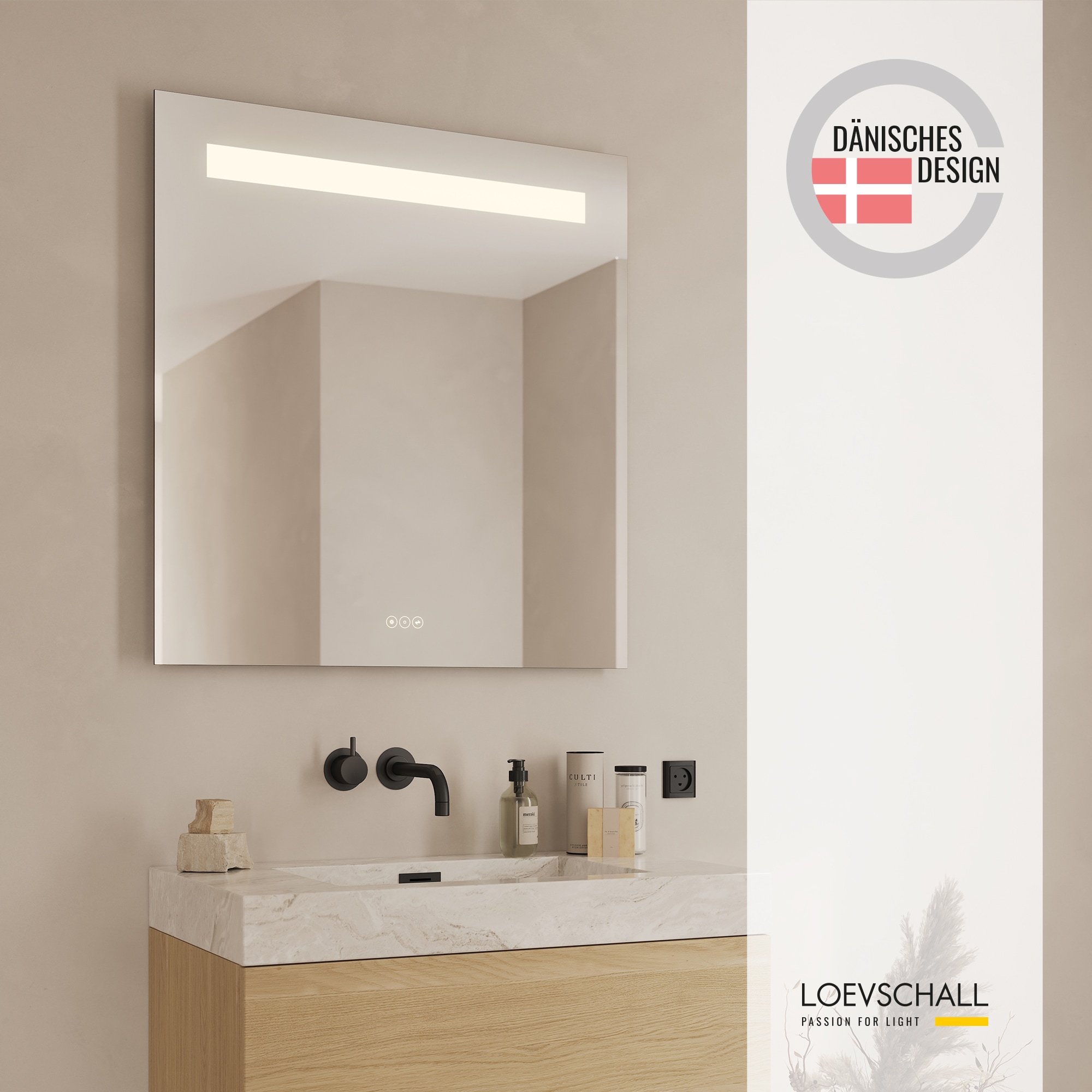 Loevschall Badspiegel »Lökken Quadratisch, Badzimmerspiegel mit LED Beleuchtung, Lichtspiegel«, Touchpanel für Lichtsteuerung, Verstellbarer Spiegel, Dänisches Design