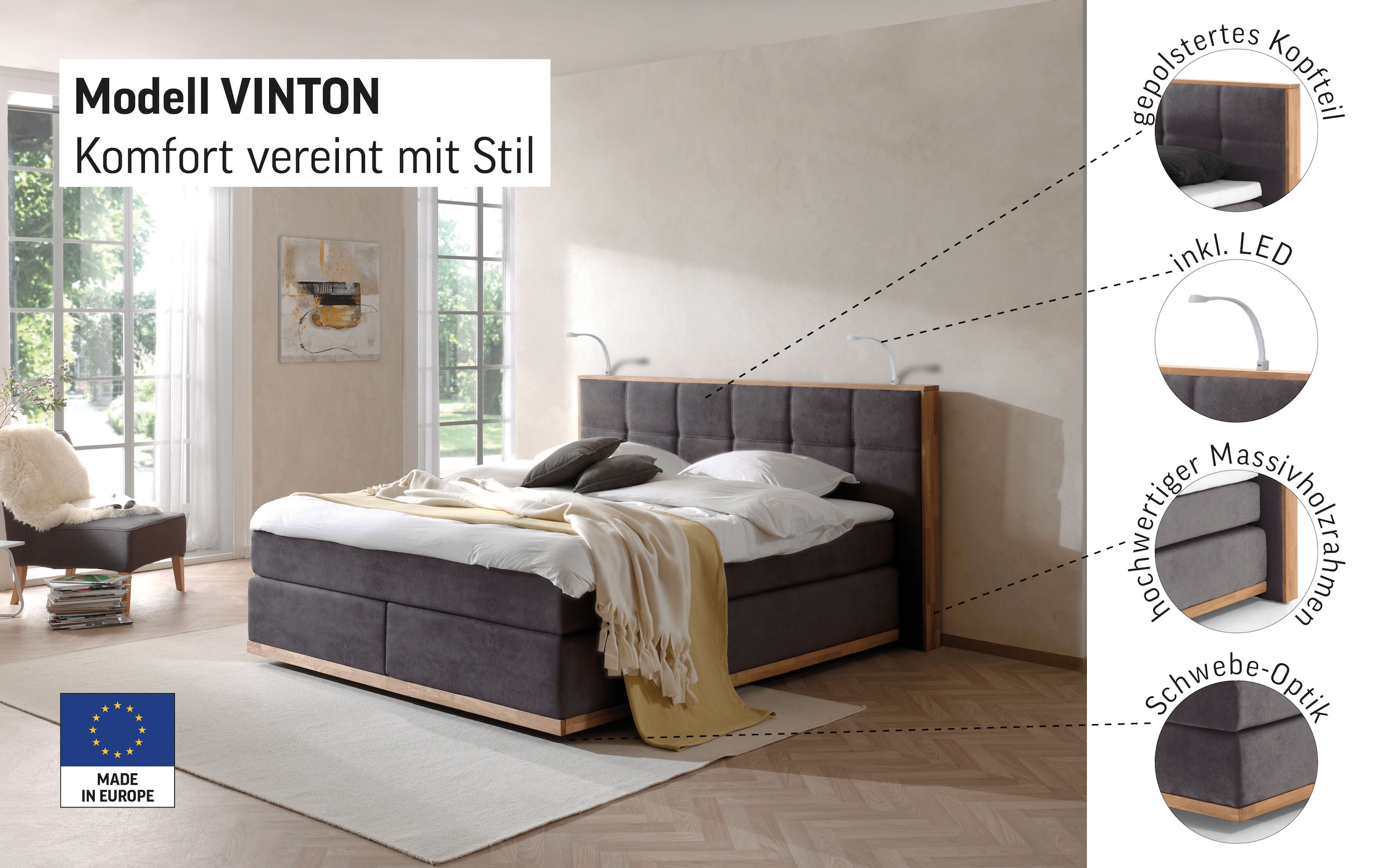 Home affaire Boxspringbett »Vinton« aus Eiche, mit LED-Beleuchtung, verschiedene Härtegrade (auch H4)