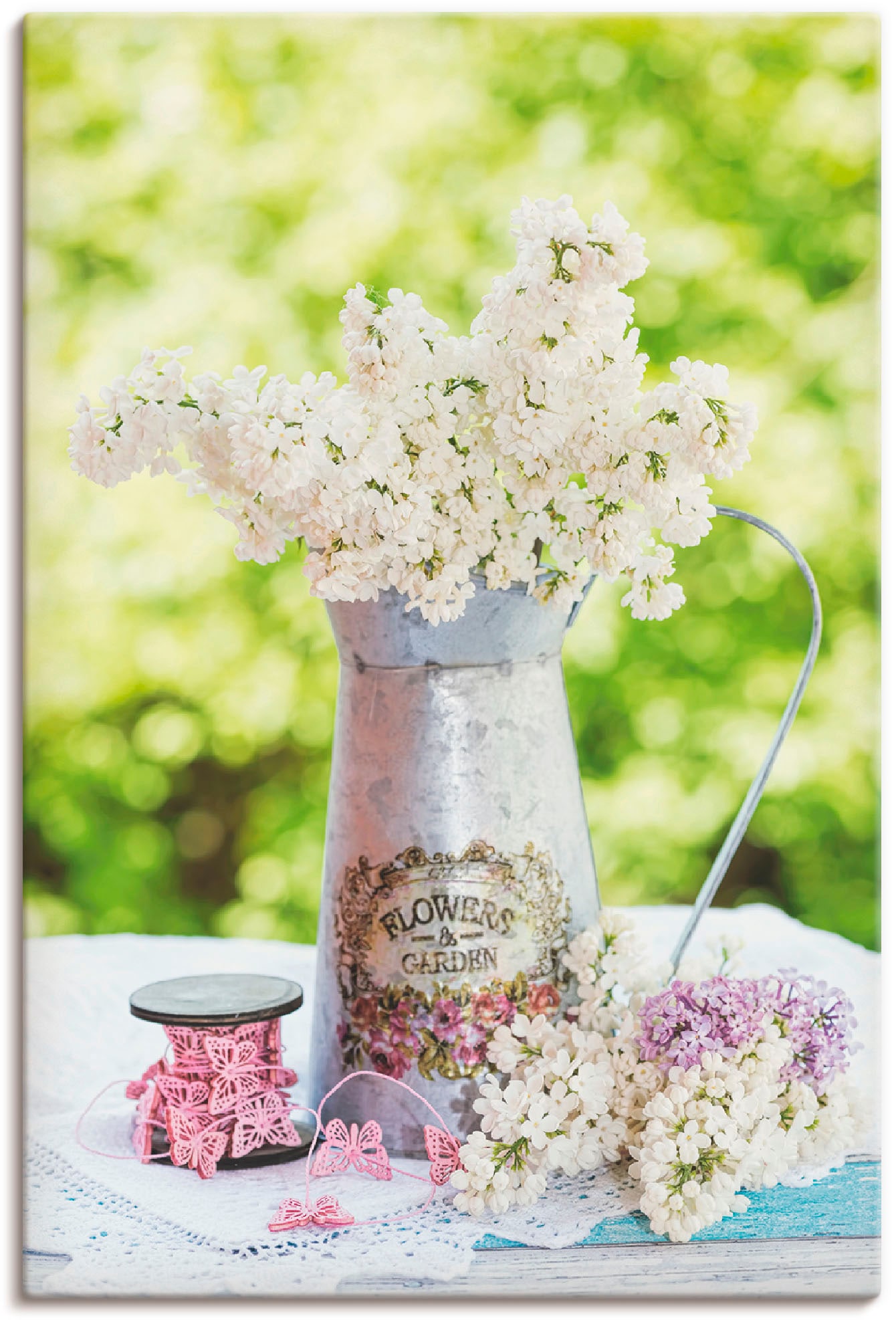 Image of Artland Leinwandbild "Flieder und Shabby Chic Stillleben" Blumen 1 Stk. tlg. auf Holzrahmen gespannt