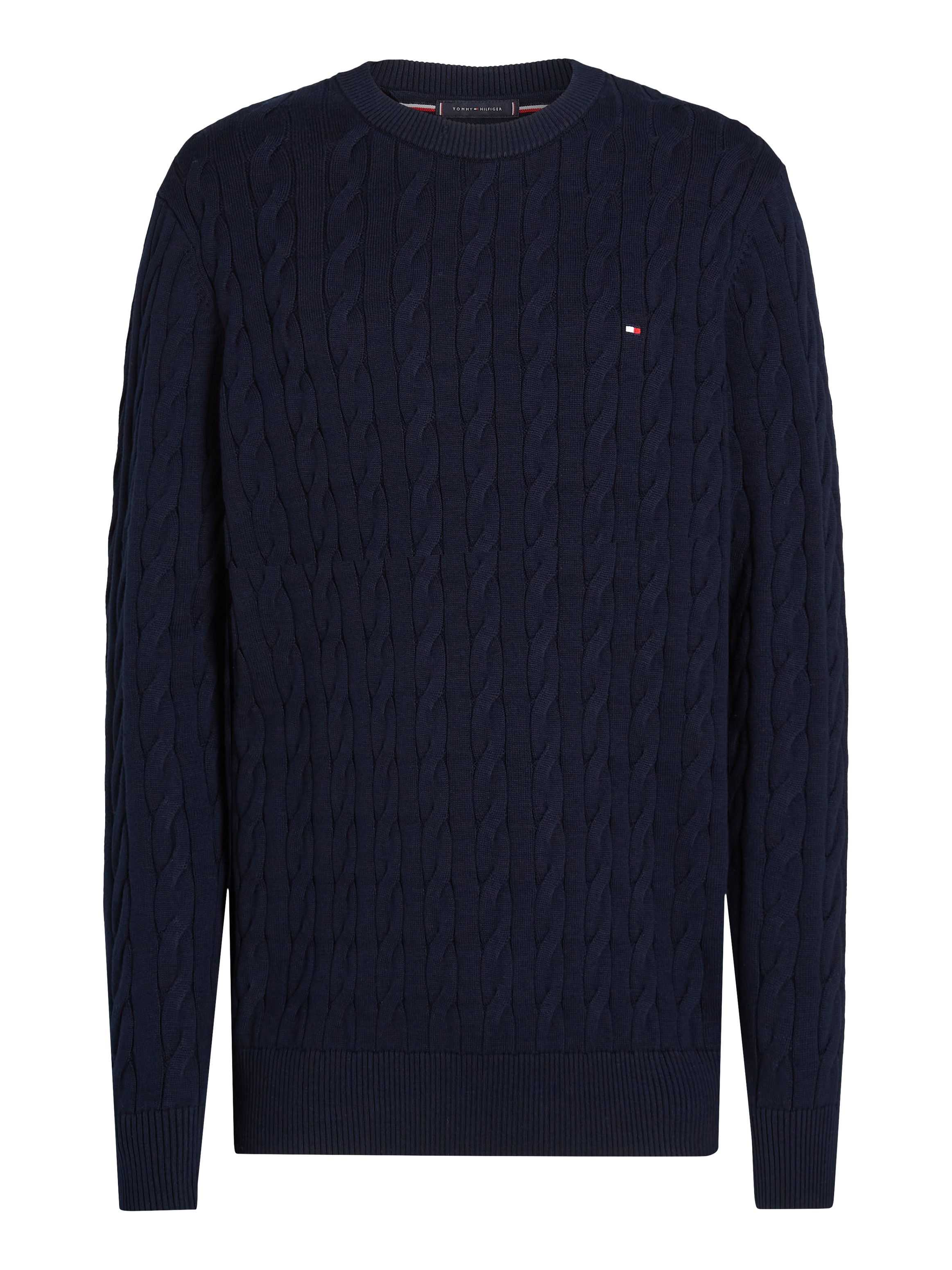 Tommy Hilfiger Strickpullover »CLASSIC CABLE CREW NECK mit Strukturstrick und Flaglabel«, unifarben, casual, regular fit, Baumwolle, Rundhals