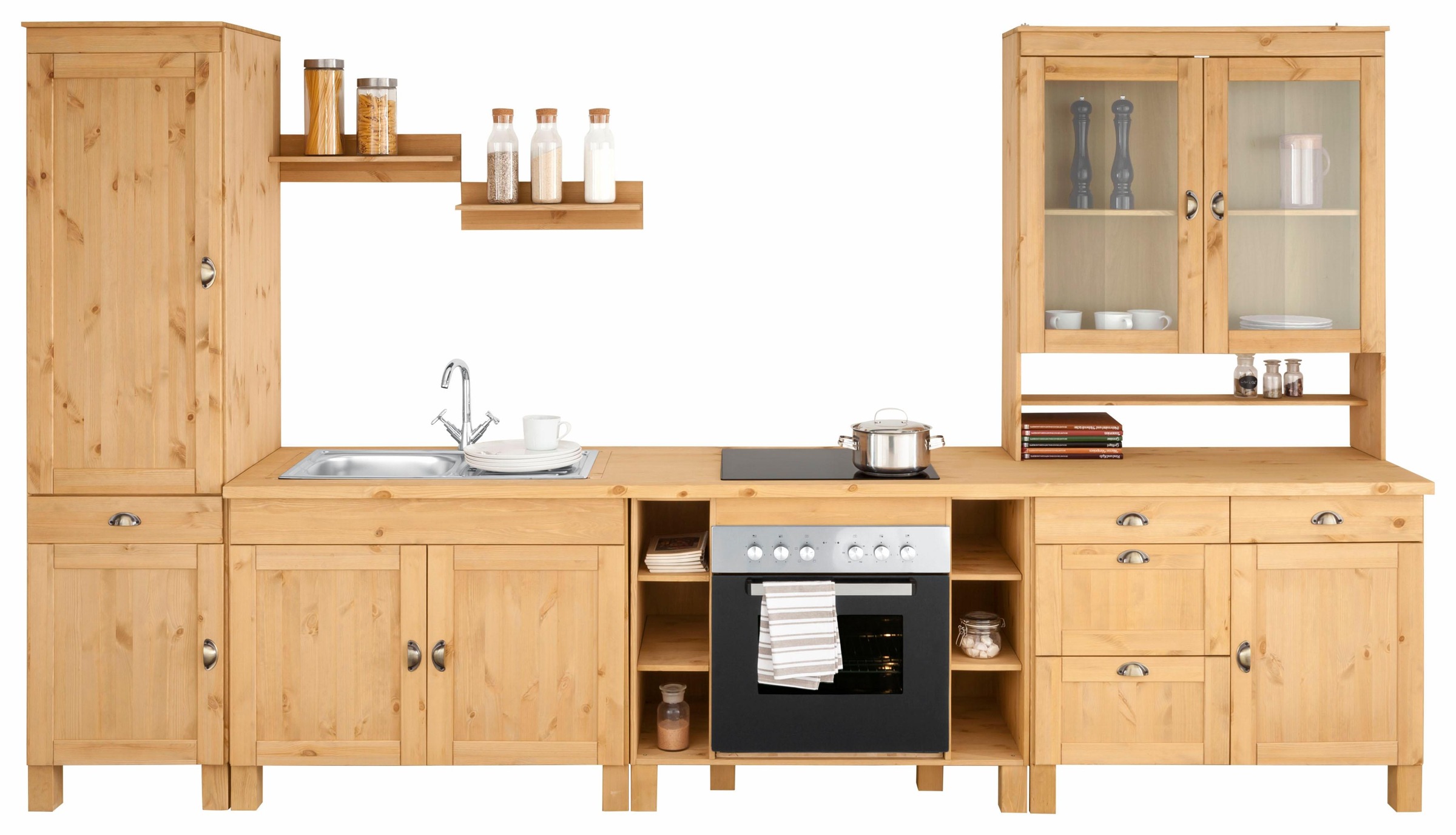 Image of Home affaire Küchenzeile »Oslo«, ohne E-Geräte, Breite 350 cm, 35 mm starke durchgehende Arbeitsplatte, aus massiver Kiefer, mit Metallgriffen, Landhaus-Küche bei Ackermann Versand Schweiz