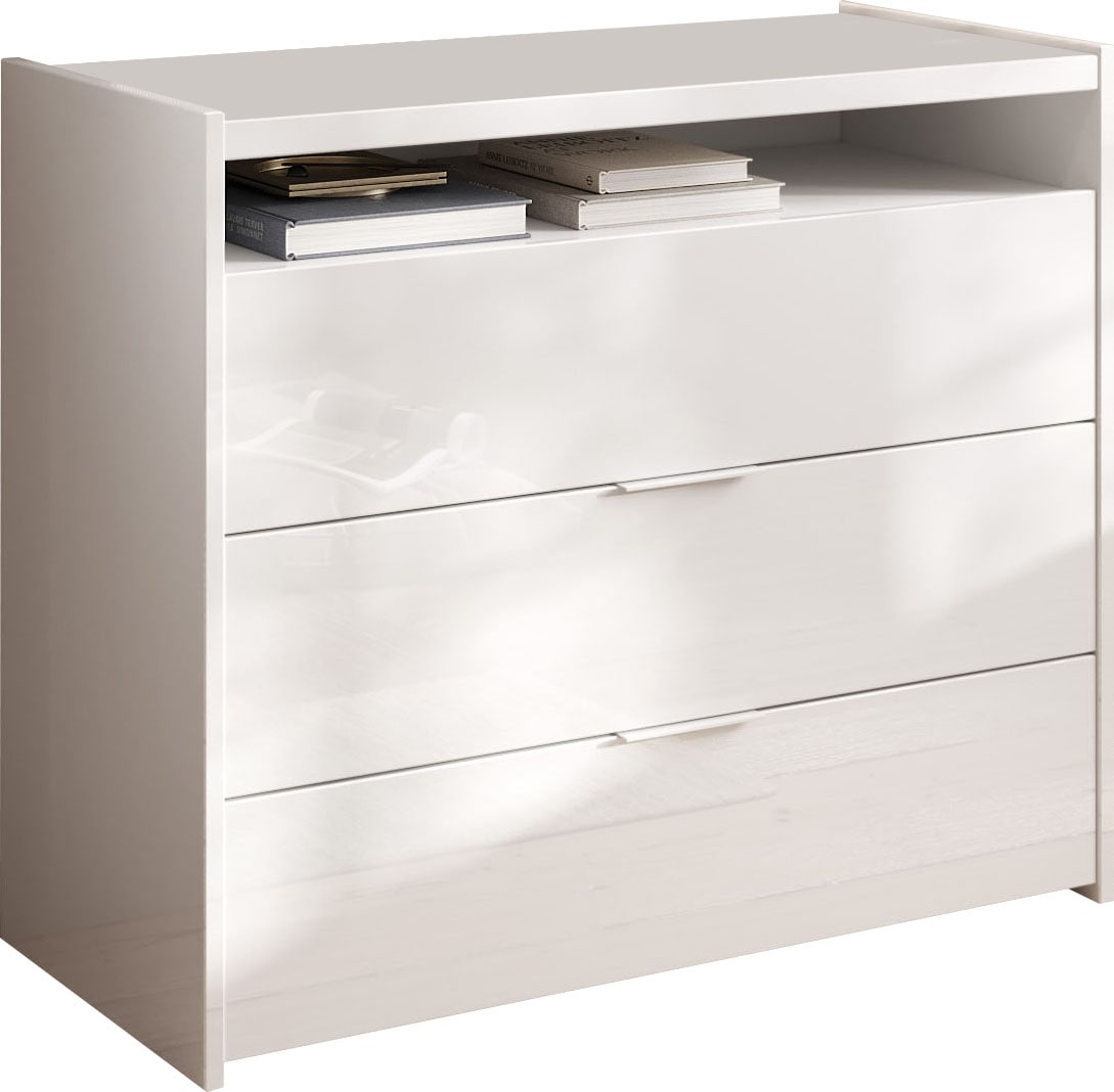 Image of Home affaire Kommode "Malmo, Schubkastenkommode B/T/H 111/50/95 cm, mit 3 Schubkästen," offene Ablage, Top 22 mm stark, Metallgriff, Weiss Hochglanz Lack