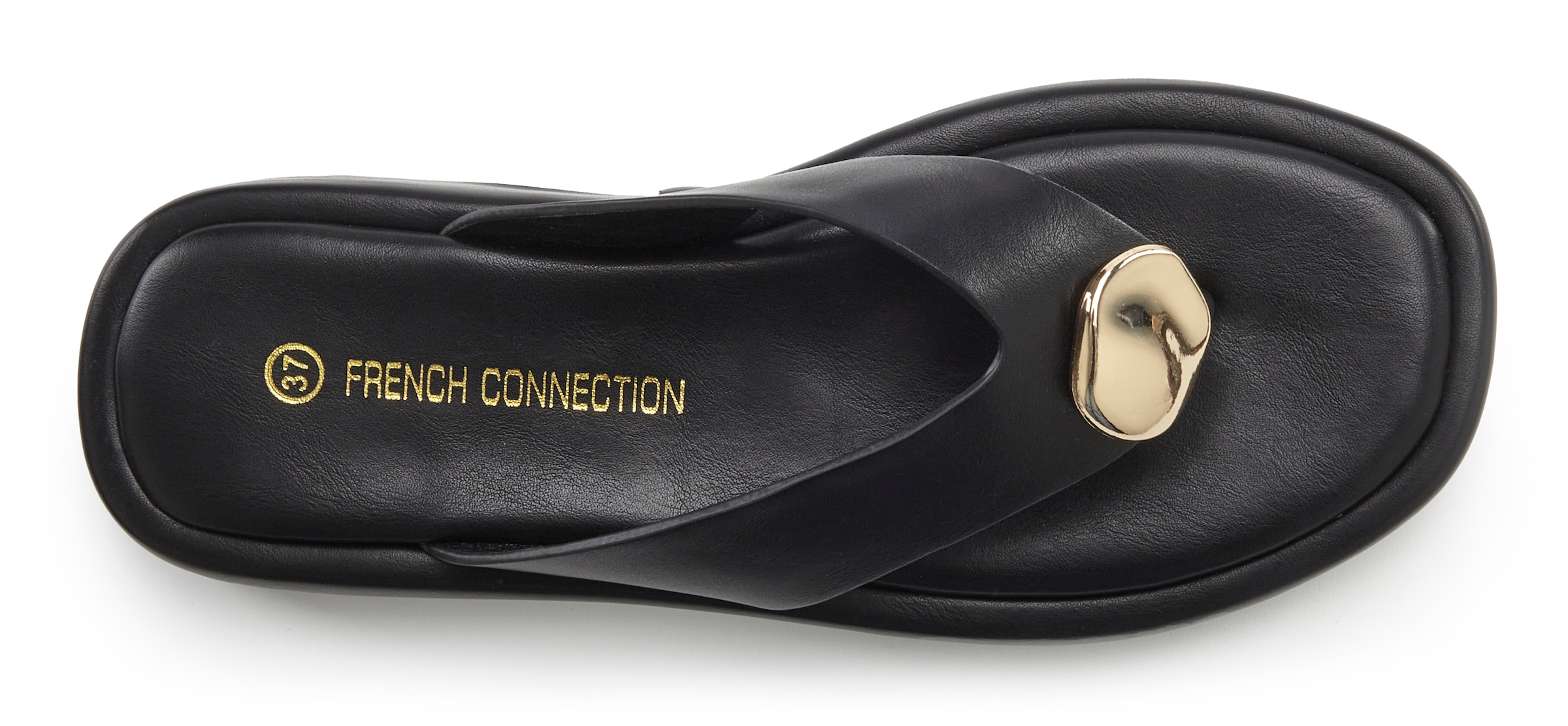 French Connection Séparateur d'orteils »Sandale, Pantolette, offener Schuh, Sommerschuhe«  NEU mit goldfarbenem Schmuckelement und bequemer Sohle VEGAN