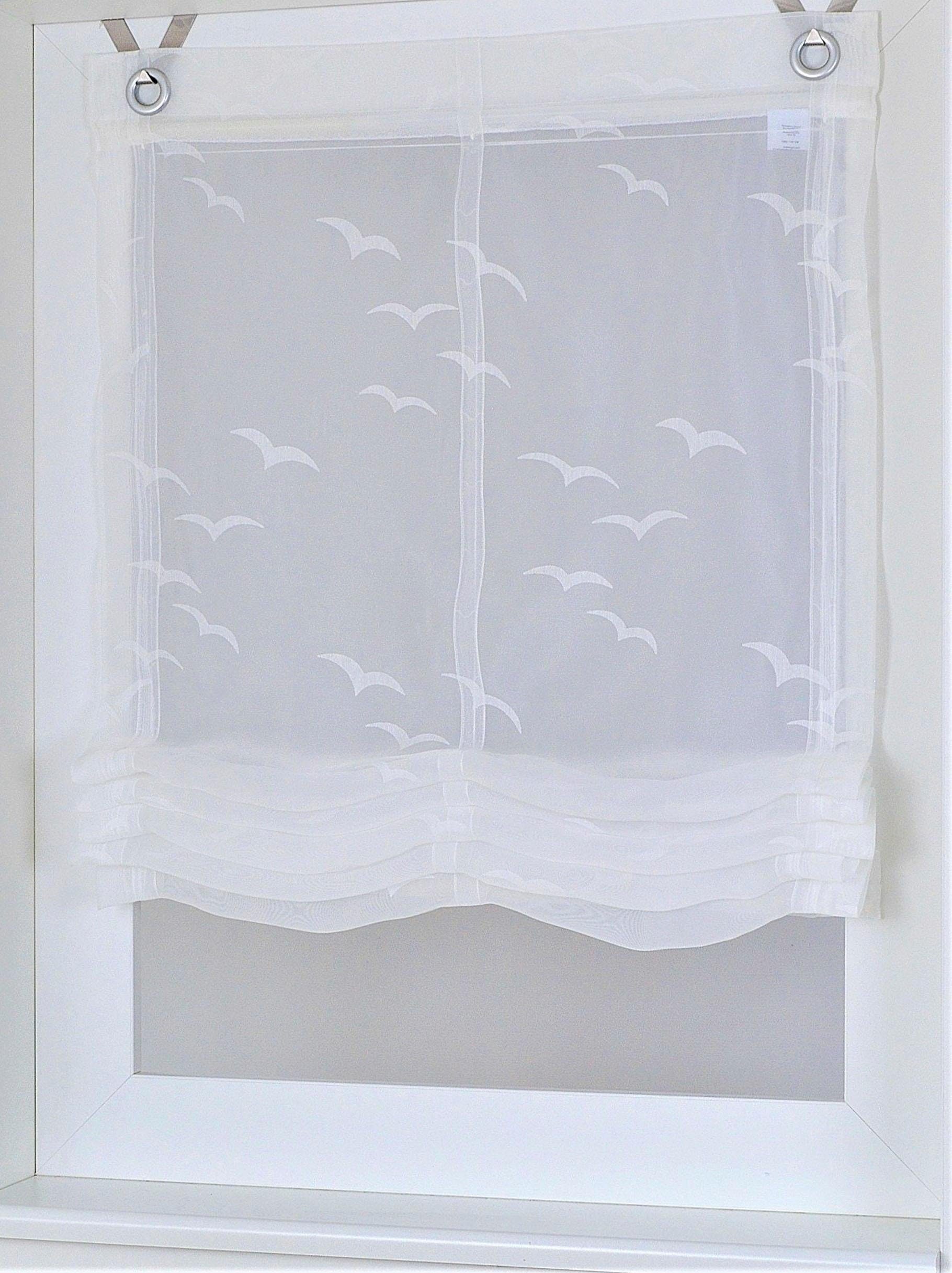Image of Kutti Raffrollo "Seabird" mit Hakenaufhängung freihängend transparent, Ausbrenner, Motiv, maritim, mit Edelstahlhaken