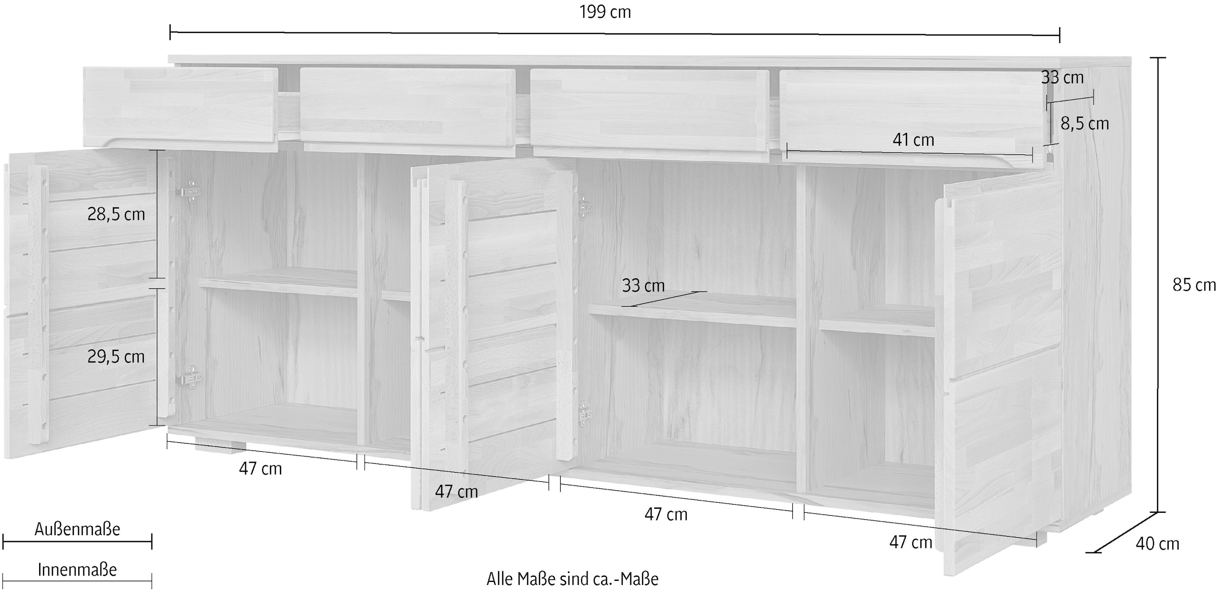 GOODproduct Sideboard »VETRO Teilmassiv, Fronten Massivholz, Wohnzimmer, Stauraum,Griffmulde« B/T/H:199/40/85cm, 4Schubladen, 8 geschlossen Fächer, Stauraum