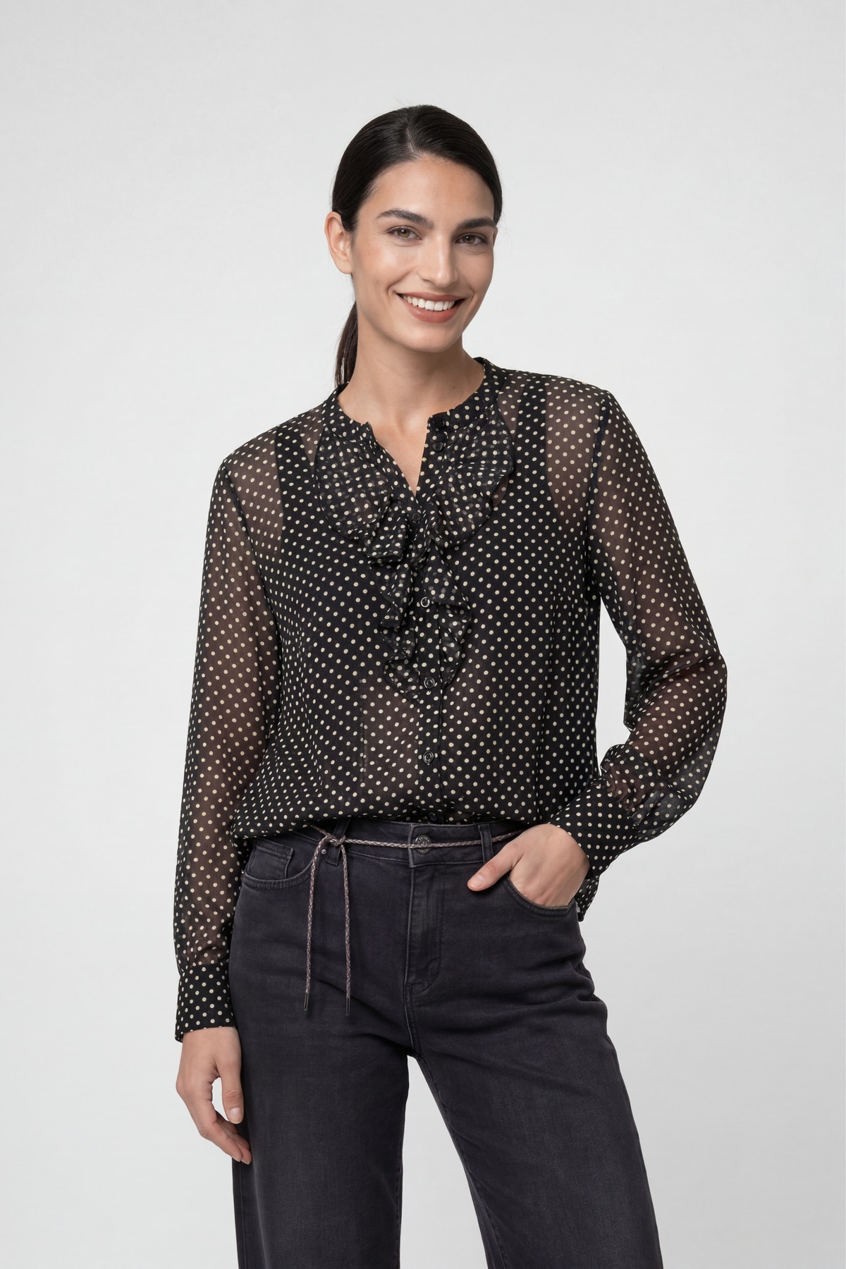 Image of Monari Langarmbluse "Bluse Punktedruck allover" Regular fit mit Volants
