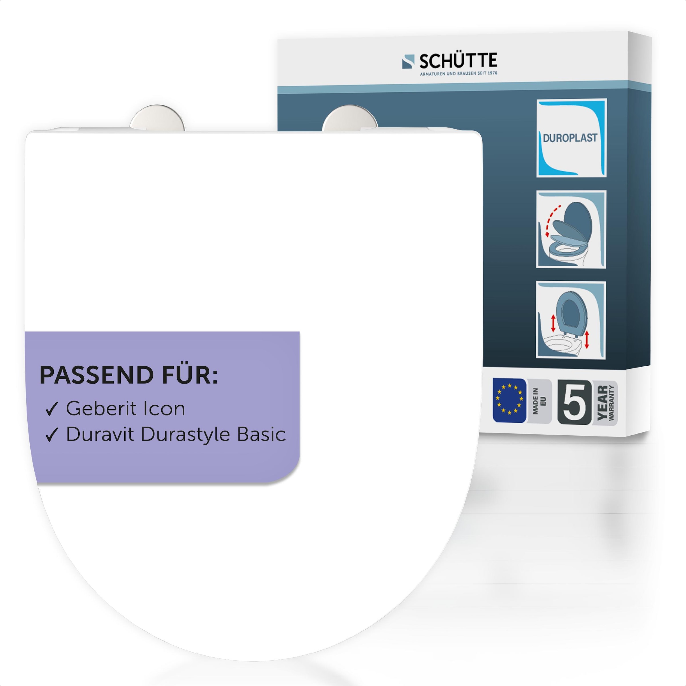 Image of Schütte WC-Sitz "Duroplast, WHITE D-Form PRO 6" WC-Sitz, Befestigungsmaterial, Montageanleitung, mit Absenkautomatik und Schnellverschluss