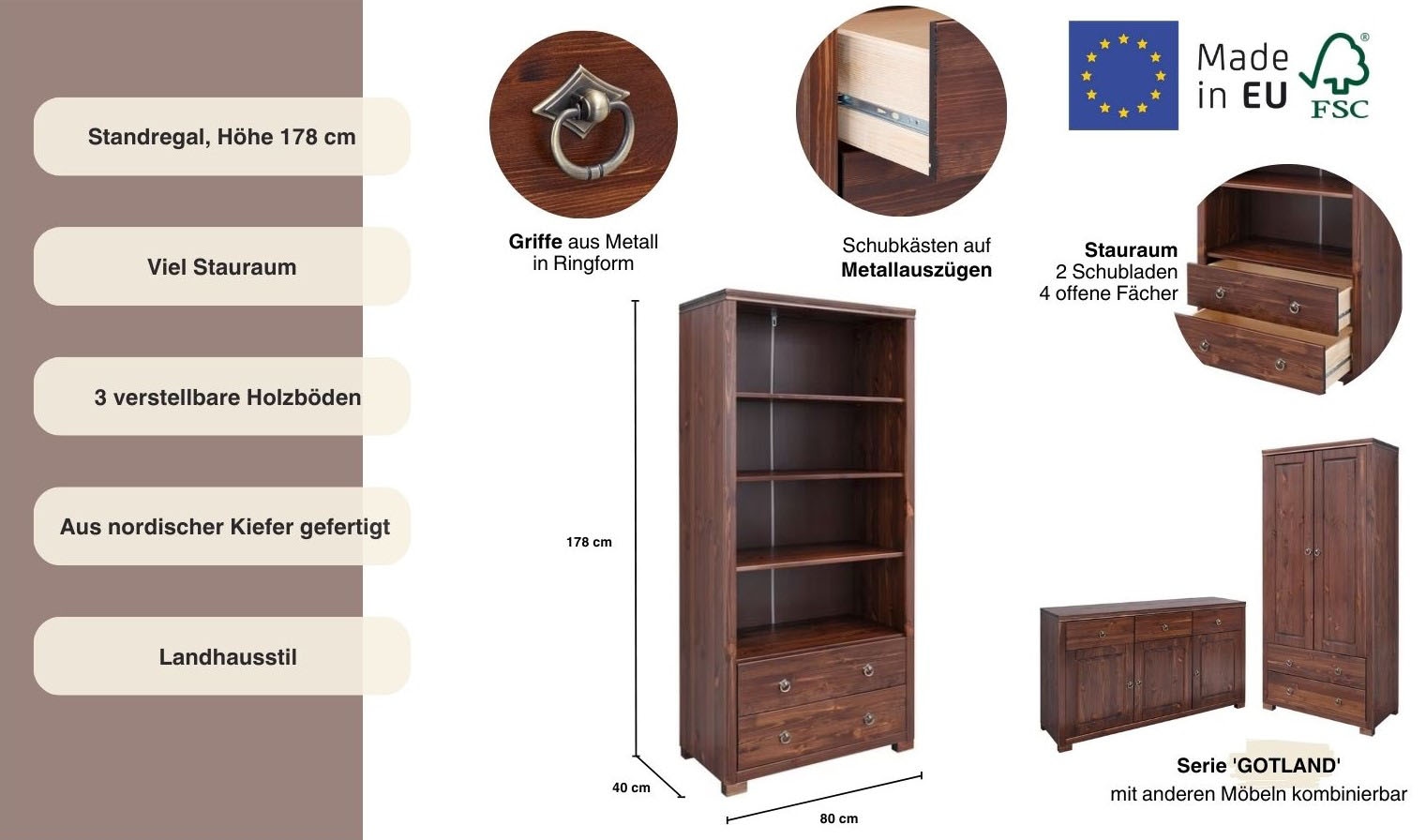Home affaire Standregal »Gotland«, Breite 80 cm, Höhe 178 cm, aus massiver Kiefer, FSC®
