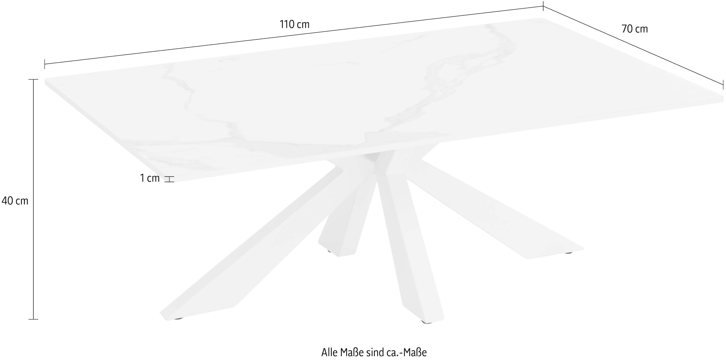 Stolkom Couchtisch »Noah Wohnzimmertisch Keramik, Weiss marmoriert, BxHxT 110x40x70 cm«, Keramikoberfläche weiss marmoriert, 4-Fuss Gestell in weiss
