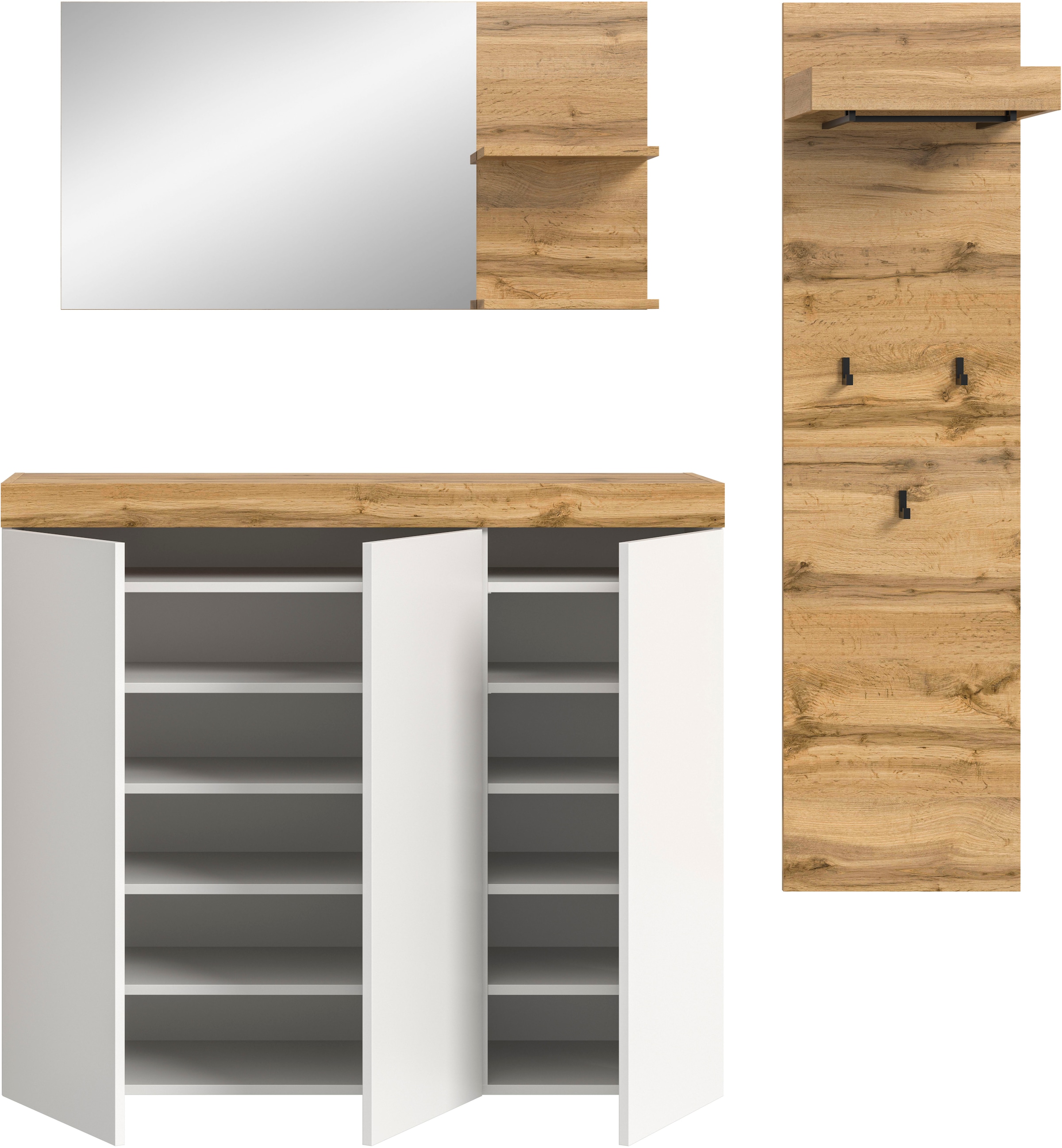 GOODproduct Ensemble de vestiaires »MAMBO, TOPSELLER!, 3-teilige Kombination, stehend & hängend montierbar« bestehend aus: Kommode, Spiegel, Garderobenpaneel, 3 cuis tlg.
