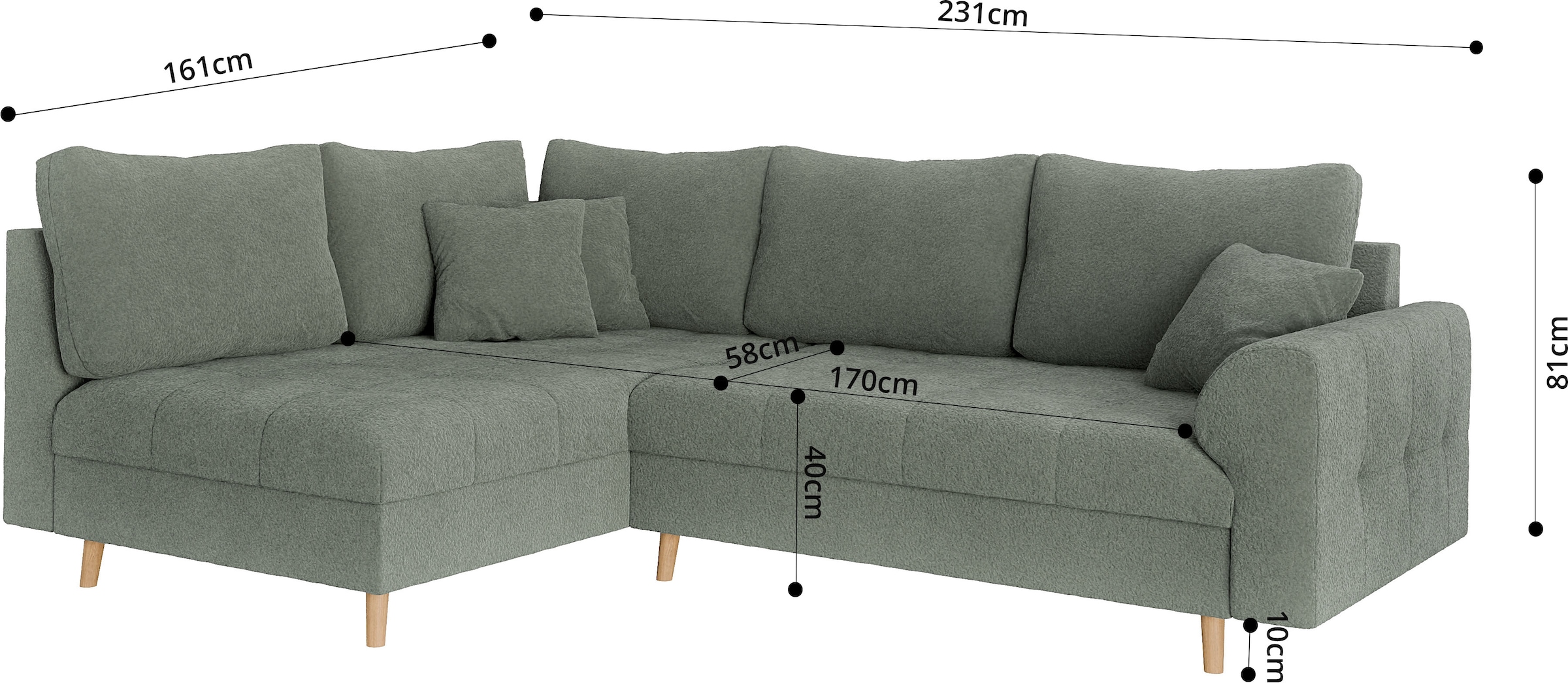 Home affaire Ecksofa »CHARRE L-Form mit Ottomane, Masse B/T/H: 231/161/81 cm«, feine Steppung, lose Rücken- und Zierkissen, auch in Cord und Bouclé