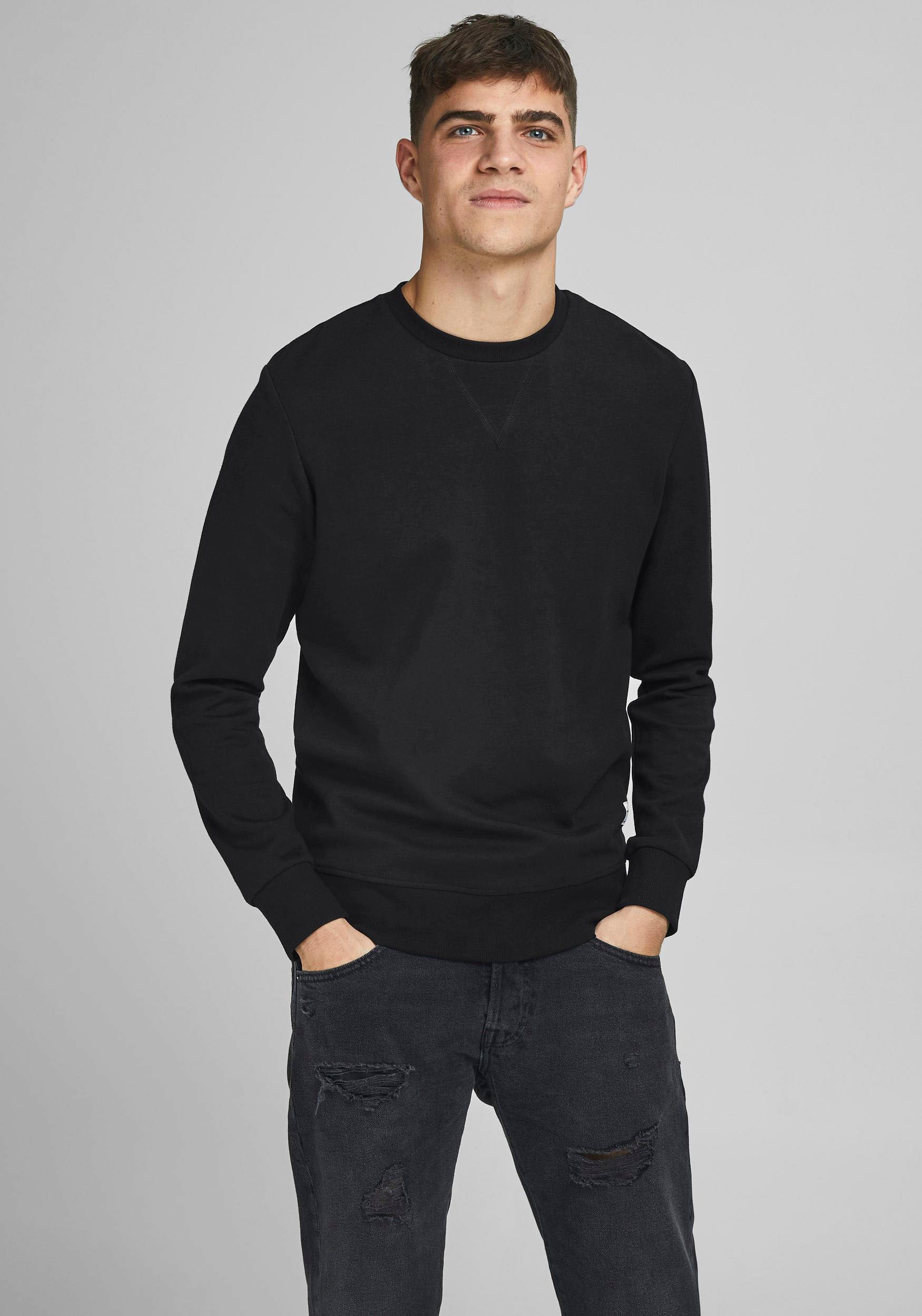 Image of Jack & Jones Sweatshirt "JJEBASIC mit Flaglabel und weicher Baumwollmischung", unifarben, modisch, regular fit, Baumwolle, Rundhals
