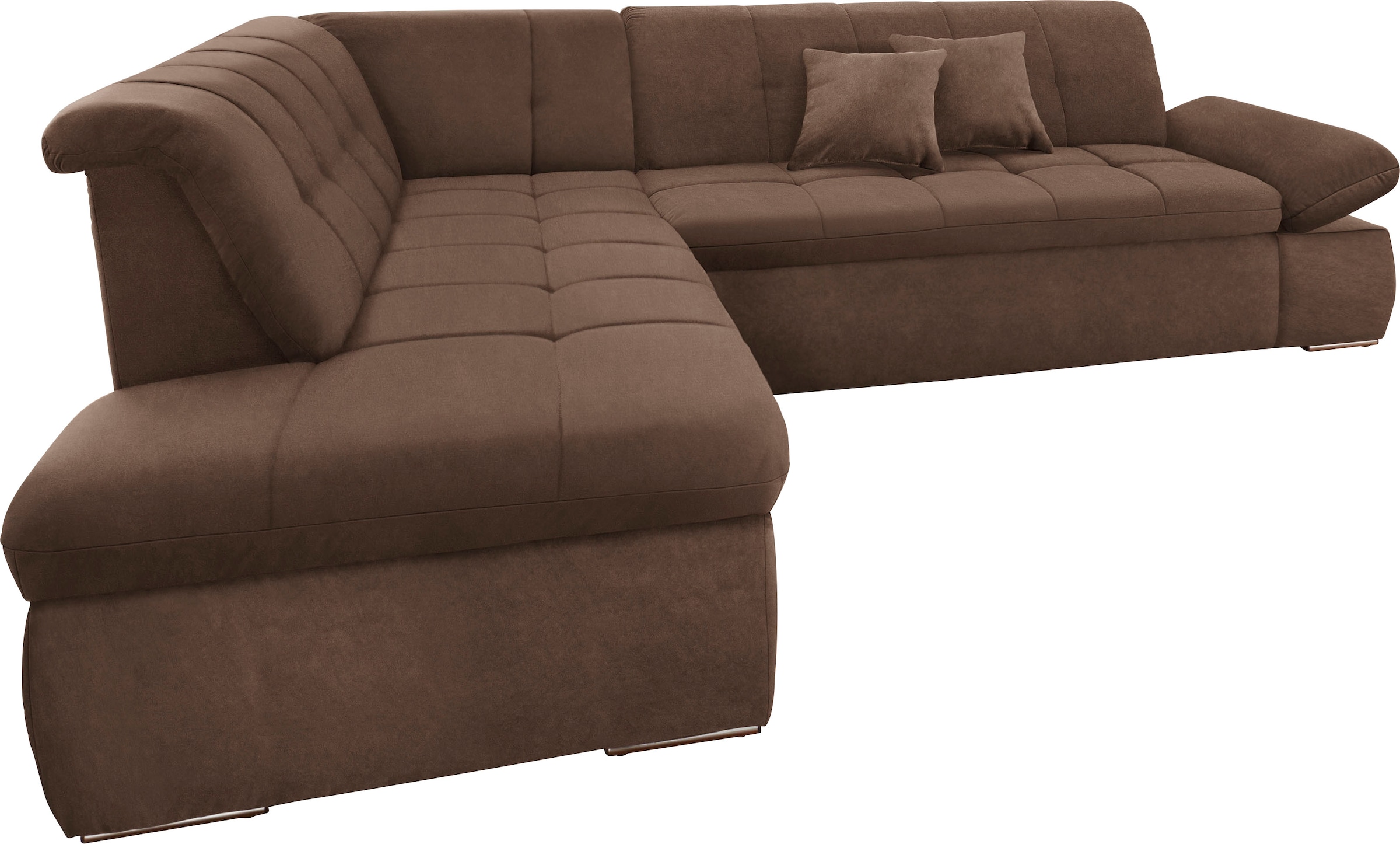 DOMO collection Ecksofa »NMoric incl. Zierkissen B/T/H:  273/216/80 cm L-Form« Ottomanen-Abschluss, wahlweise mit Bettfunktion und Armlehnverstellung