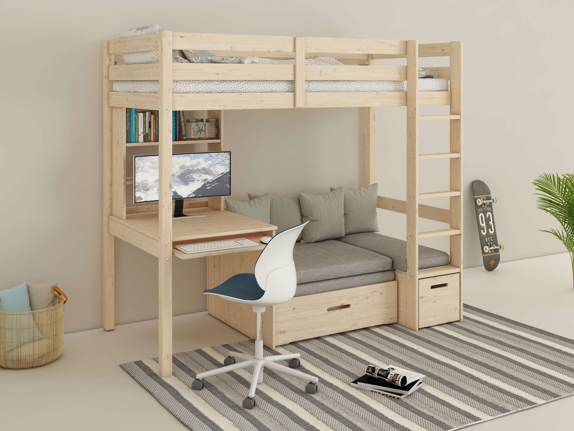 Lüttenhütt Etagenbett »HENNE' TOPSELLER! Hochbett, Ideal für kleine Räume, 2 Schlafplätze«, (zweiter Schlafplatz ausziehbar, B/H/T ca. 208/180/105cm), mit Polsterauflagen+ Schreibtisch + Stauraum, mehrere Farben