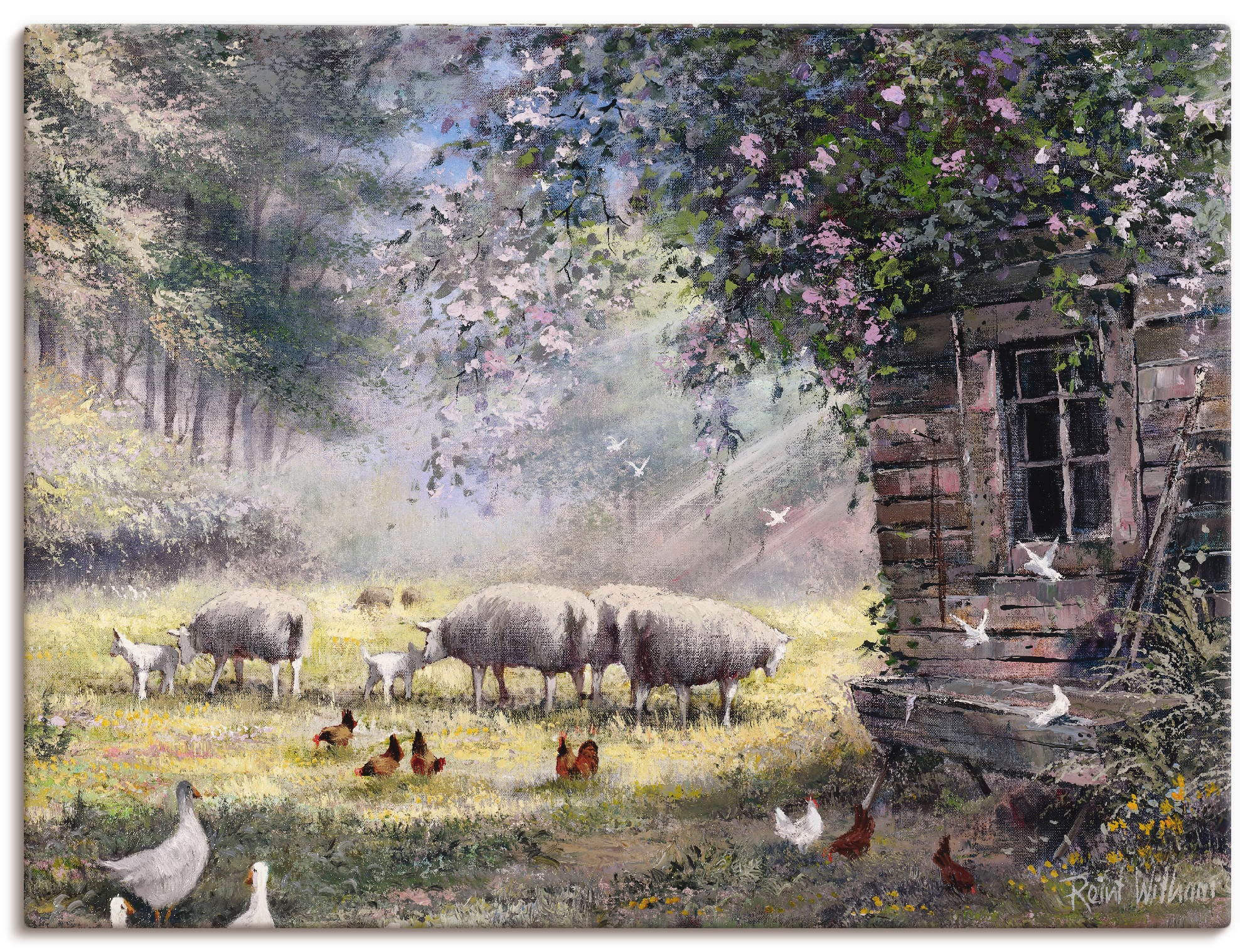 Image of Artland Leinwandbild "Hühner und Schafe" Haustiere 1 Stk. tlg. auf Holzrahmen gespannt