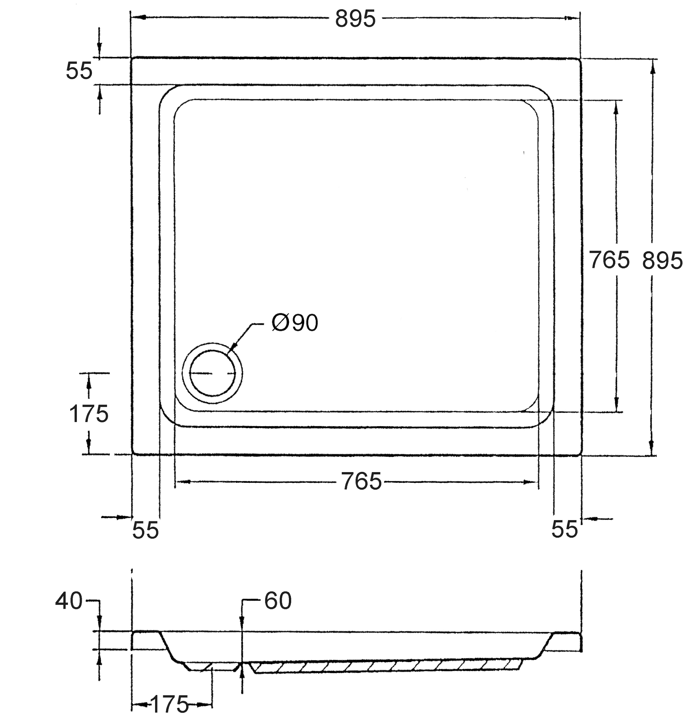 OTTOFOND Receveur de douche Ensemble,  90x90x6 cm, avec support, garniture d'évacuation et bande d'étanchéité pour joints