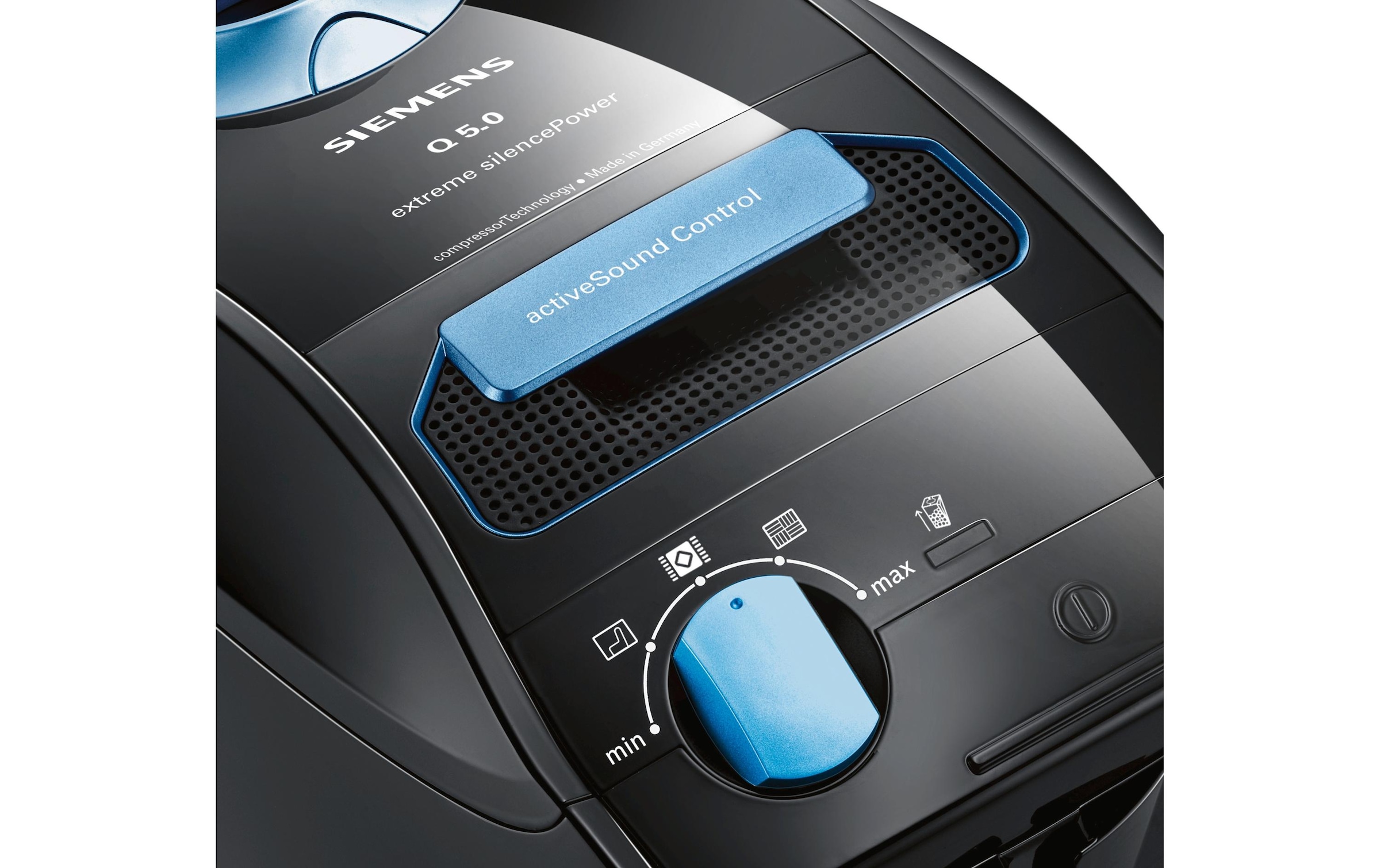 SIEMENS Bodenstaubsauger »Q 5.0 extreme silencePower VSQ5X1230, Made in Germany, Hygiene-Filter« 850 W mit Beutel hohe Saugkraft, integriertes Zubehör, langes Kabel, leise, schwarz