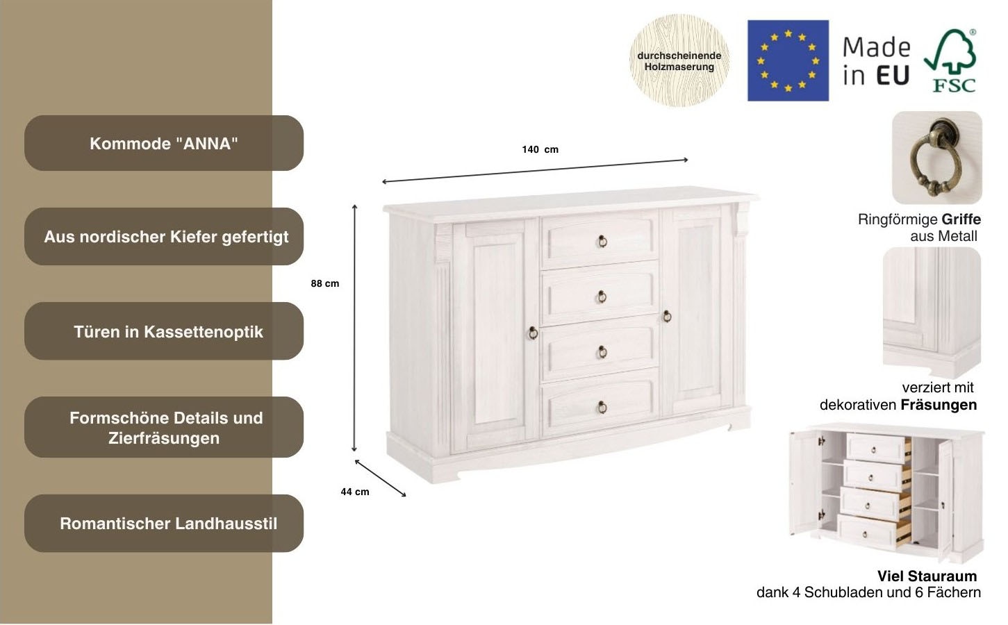 Home affaire Sideboard »Anna«, (Gesamtmasse (B/T/H): ca. 140/44/88 cm), Kommode, Breite 140 cm, 4 Schubladen, 2 Türen, Massivholz, FSC®