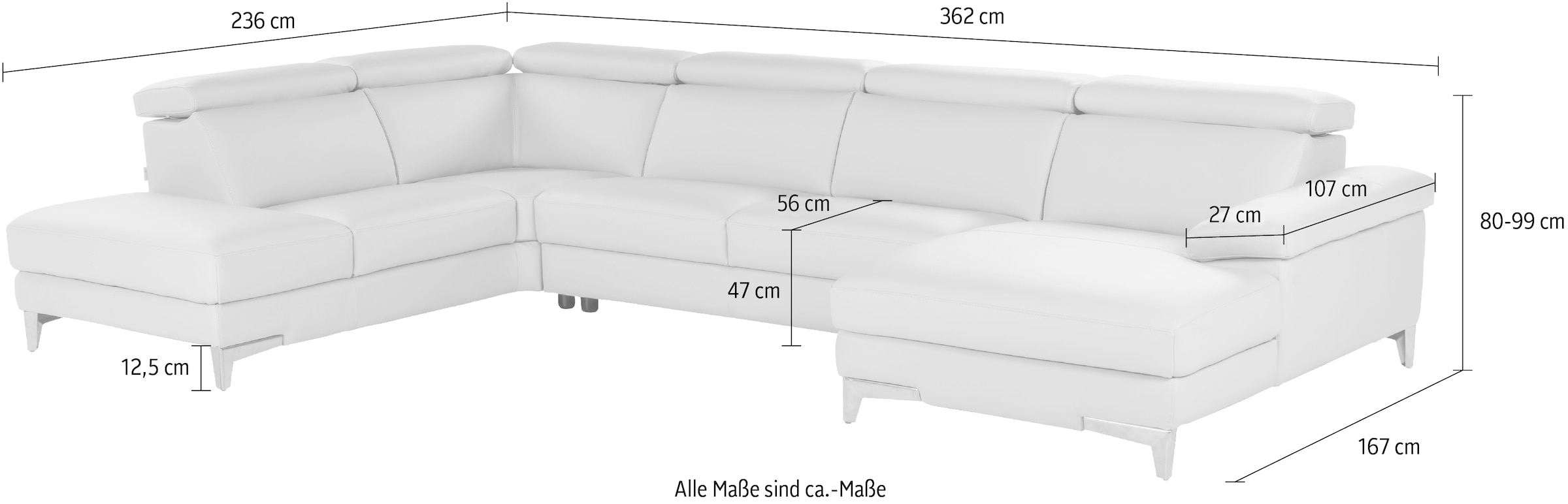 CALIA ITALIA Wohnlandschaft »Nove, mit erstklassigem Sitzkomfort, Kopfteilverstellung«, U-Form, hochwertiger Lederbezug