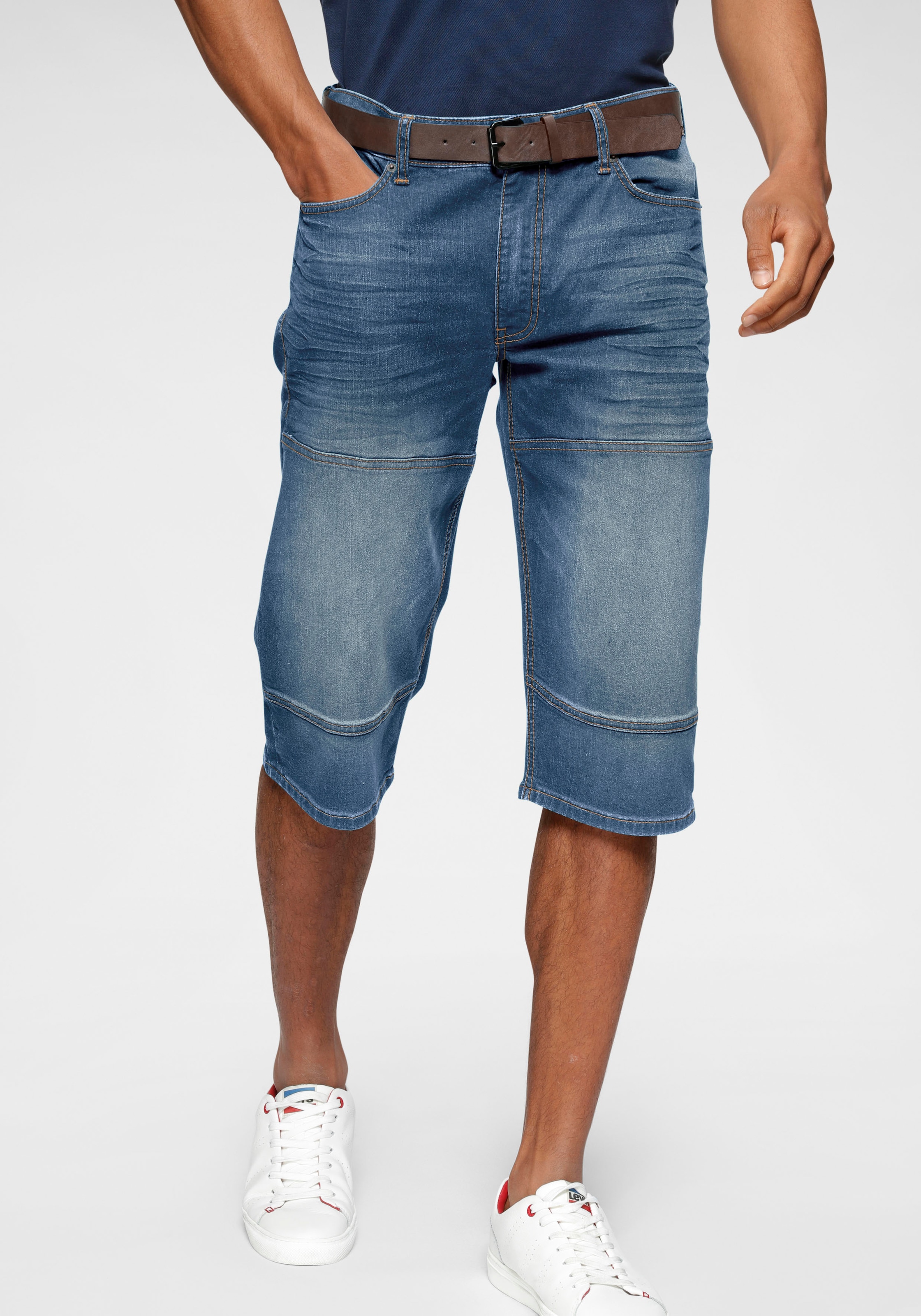 Image of H.I.S Jeansbermudas "HANTZ" Set, mit abnehmbarem Gürtel, 2 Stk. gerader Beinschnitt, Used-Look mit Abriebeffekten
