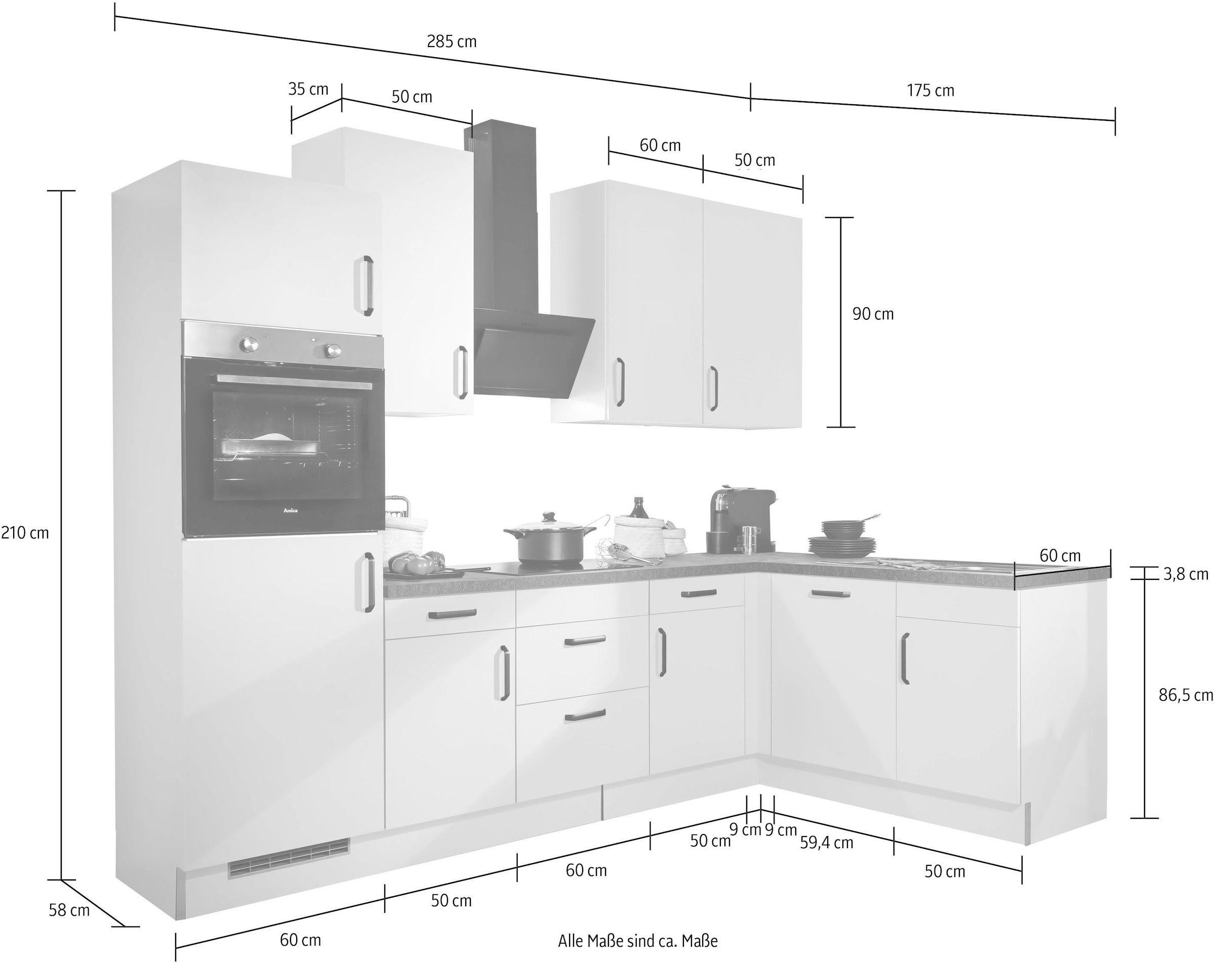 wiho Küchen Winkelküche »"Simi", mit verstellbaren Füssen, wahlweise mit E-Geräten« Soft-Close-Funktion in Schubkästen & Auszügen, Stellbreite 285/175 cm