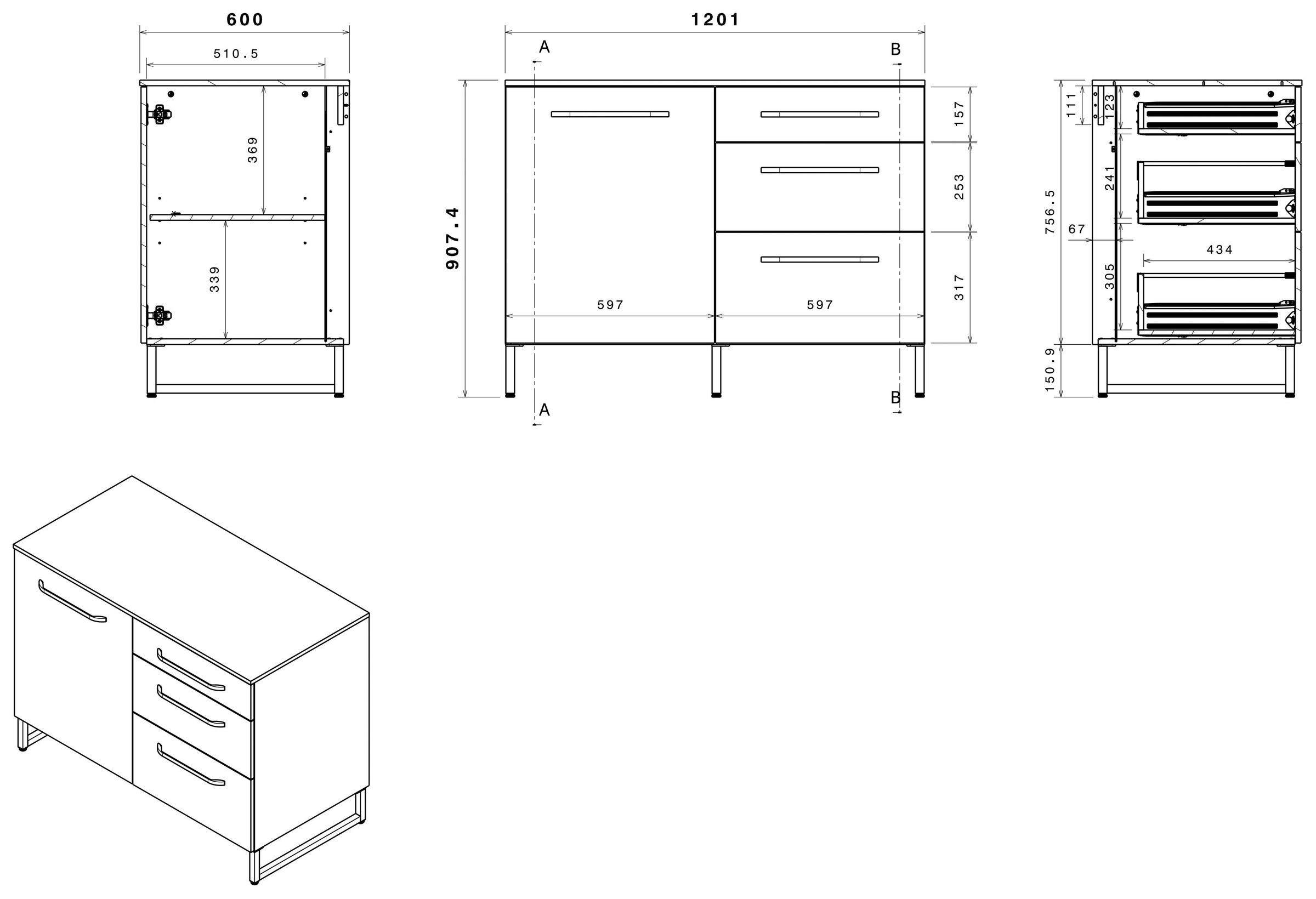 Parisot Schrank-Set »Wave 1, Küchenschrank, Buffetset, Küche« Set, 4xUnterschrank, Theke/Arbeitsplattenergänzung.,3x Hochschrank, Regal, 9 Stk. tlg.
