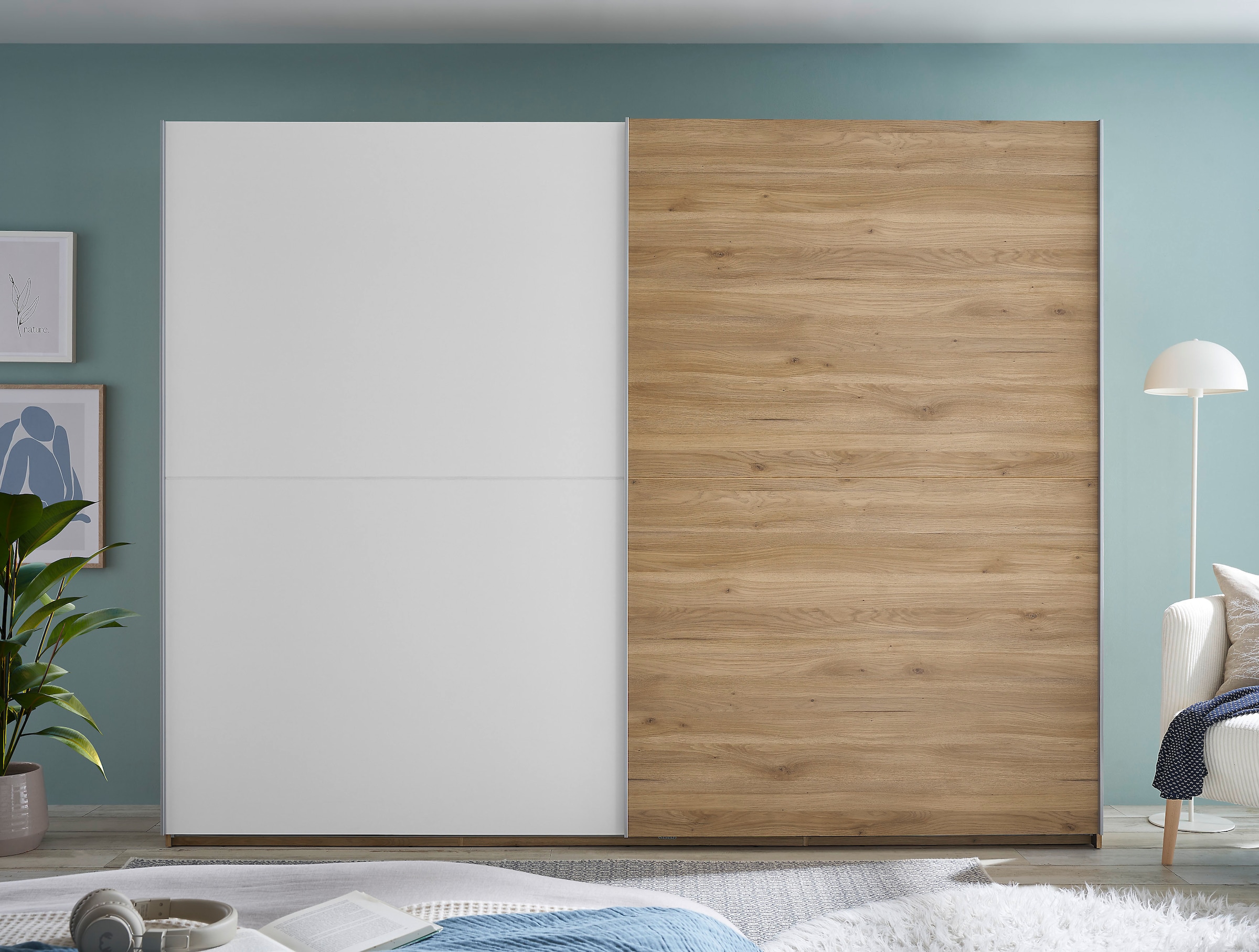 Schlafkontor Armoire à portes coulissantes »Mesio, 2-türiger Kleiderschrank, Schiebetürenschrank mit viel Stauraum« inklusive Hoteleinteilungen aussen und Einlegeböden oben