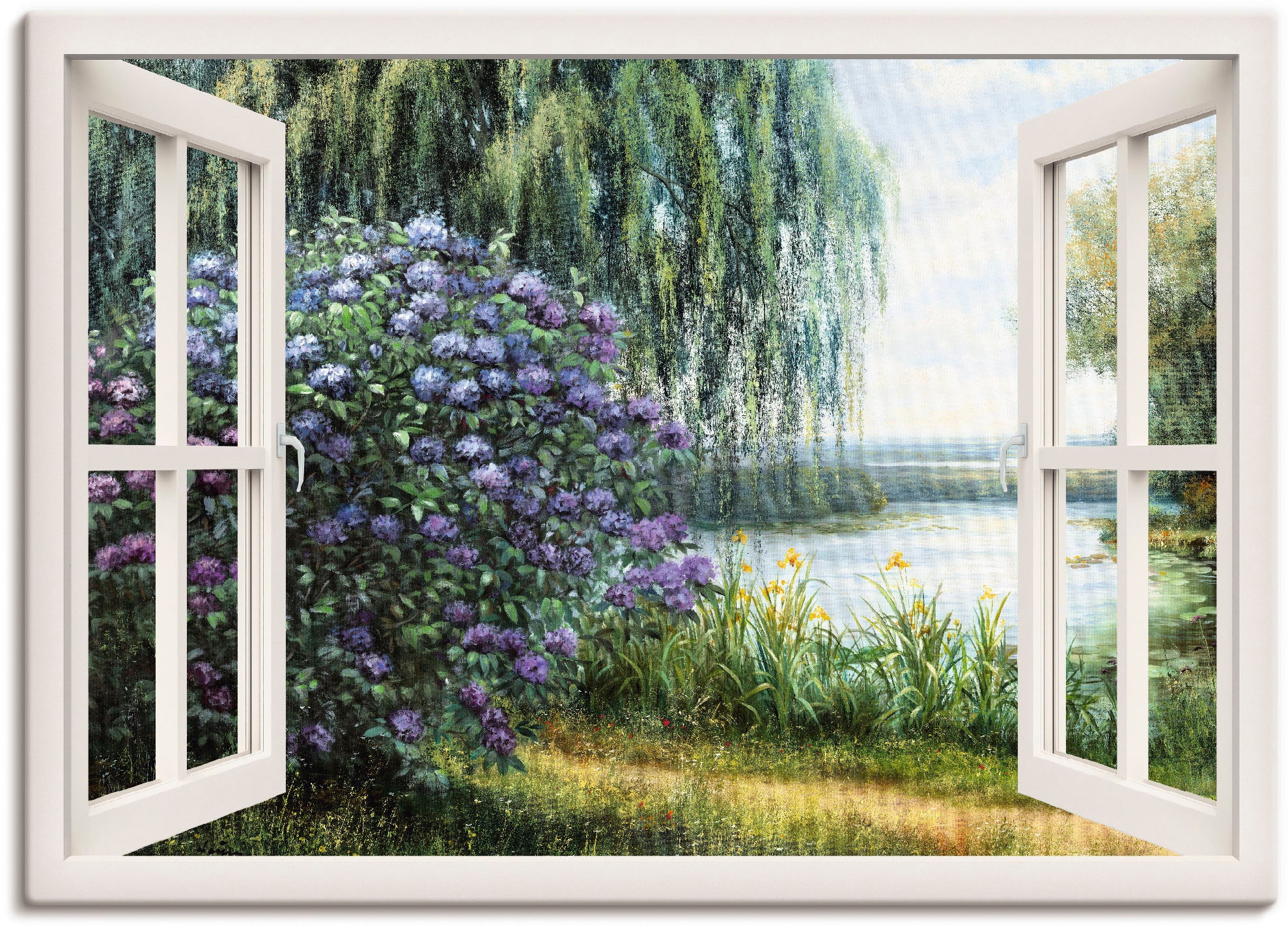 Image of Artland Leinwandbild "Hortensien am See" Fensterblick 1 Stk. tlg. auf Holzrahmen gespannt