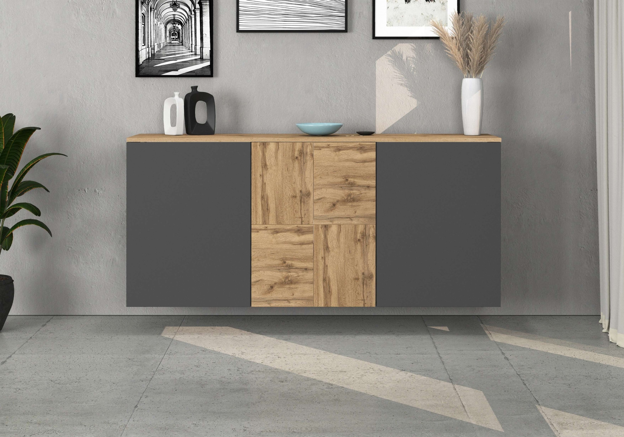 GOODproduct Sideboard »ISEO, Kommode, Schrank, Sideboard, Lowboard, 6 Fächer, Breite 150 cm« 1 Stk. tlg. stehend/hängend, 3 Türen, 6 Fächer, Breite 150 cm