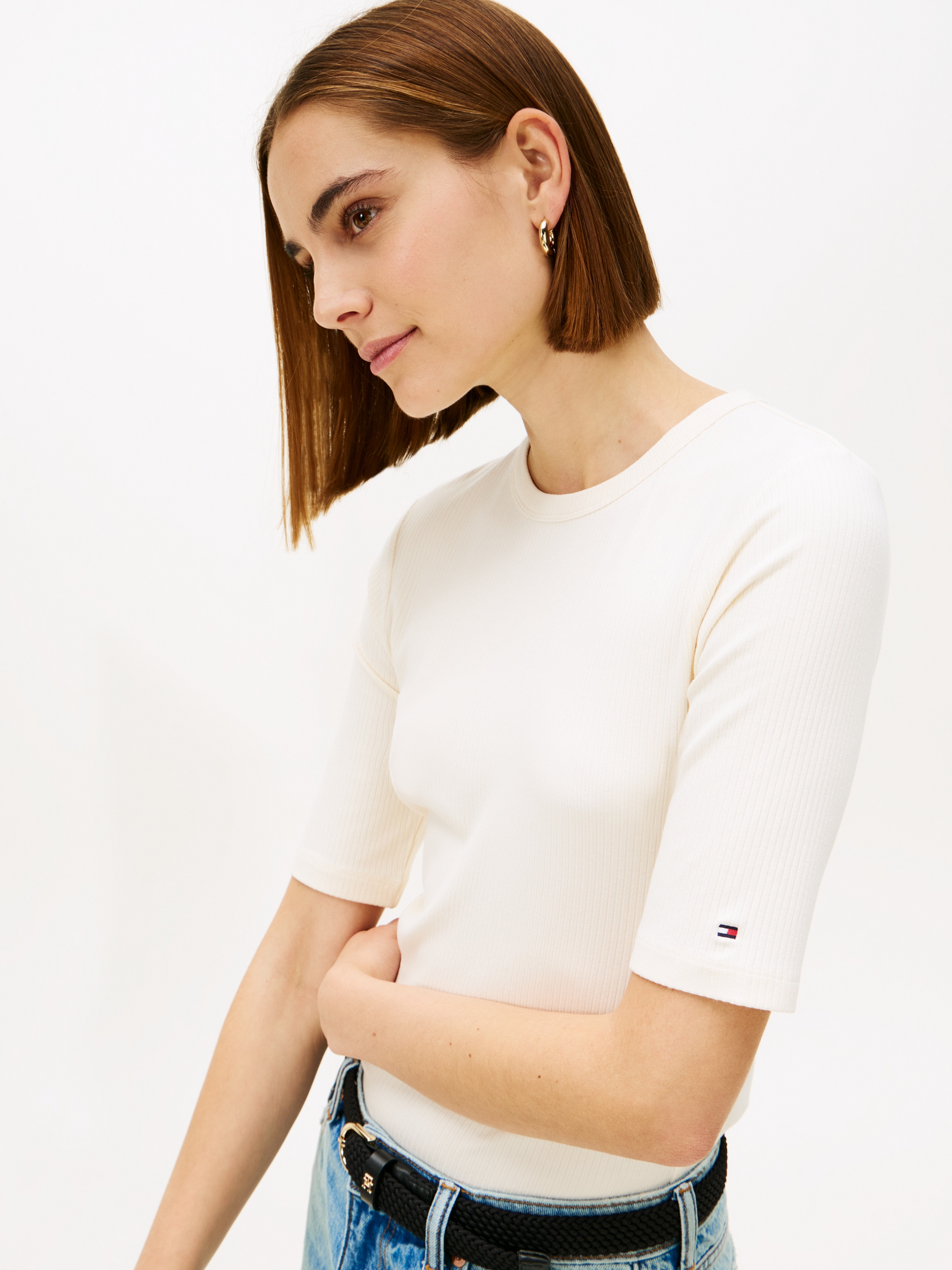 Tommy Hilfiger T-shirt à manches courtes »SLIM 5X2 RIB C-NK 1/2 SLV mit Rundhals und Rippstruktur« unifarben, casual, slim fit, Viskosemix, Rundhals