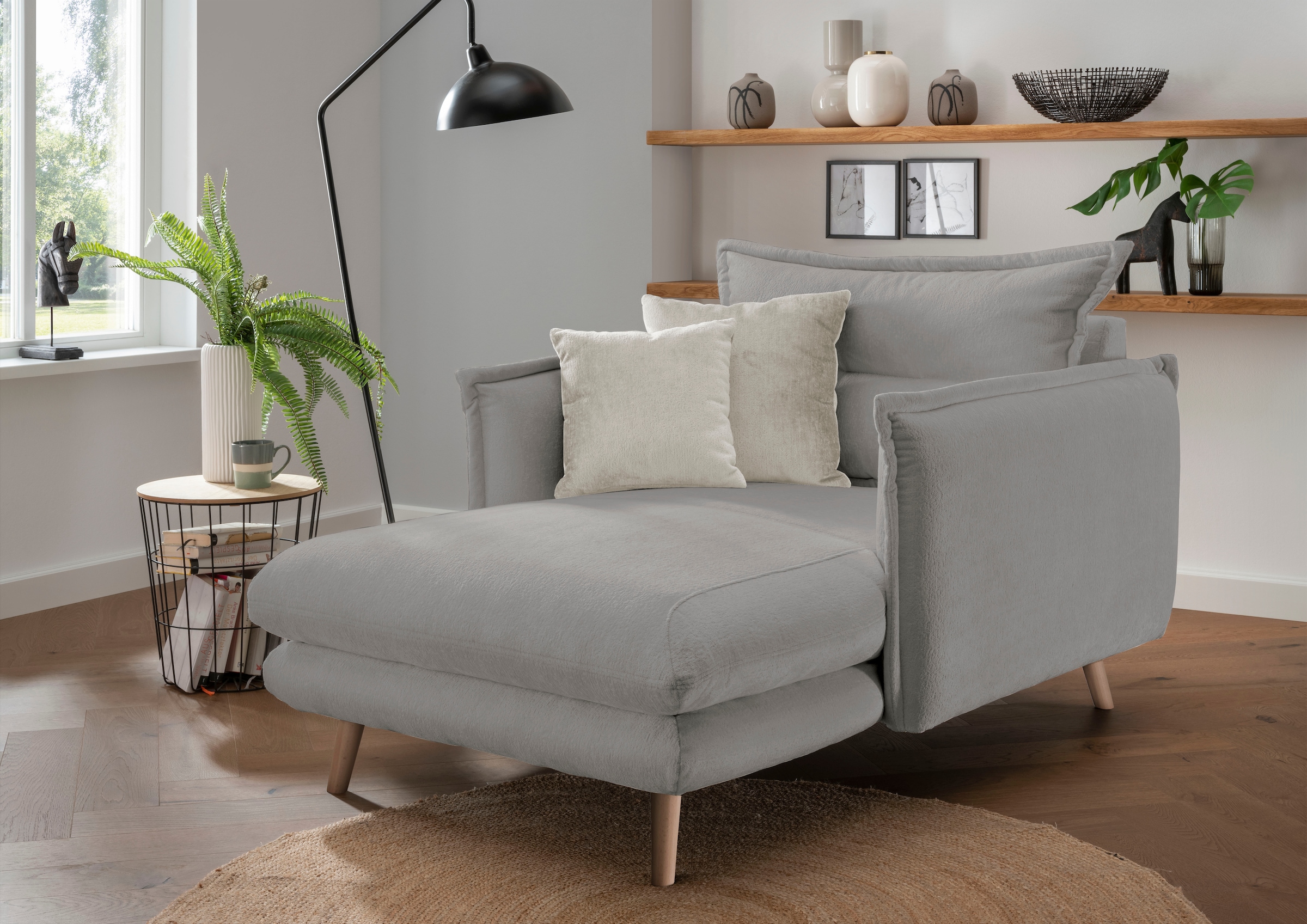 Image of Home affaire Loveseat "Levke, 111 cm breit, Sessel, Holzfuss naturfarben, bequem, bodenfrei" Webstoff, inkl. Rücken- und Zierkissen