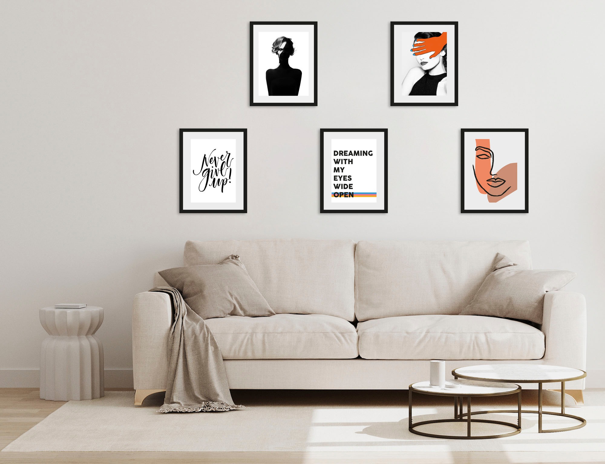 Image of queence Bild "Dreaming" Abstrakt Bilder von Frauen Figuren Frau Gesicht Kunst Motivationsbilder Schwarz-Weiss Sprüche & Texte 5 Stk. tlg. gerahmt