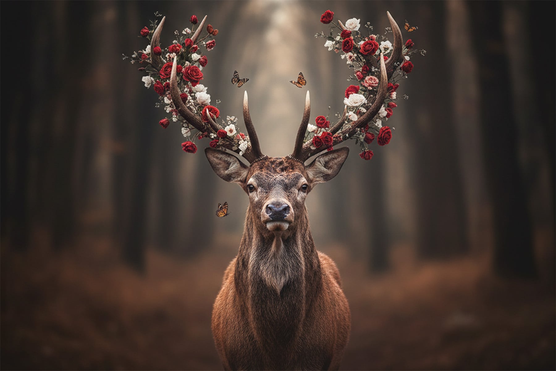 Image of Bönninghoff Bild "Wandbild HIRSCH MIT BLUMEN 60x90 cm – Leinwandbild Keilrahmen Deko" Blumen Hirsch Wald auf Keilrahmen gespannt
