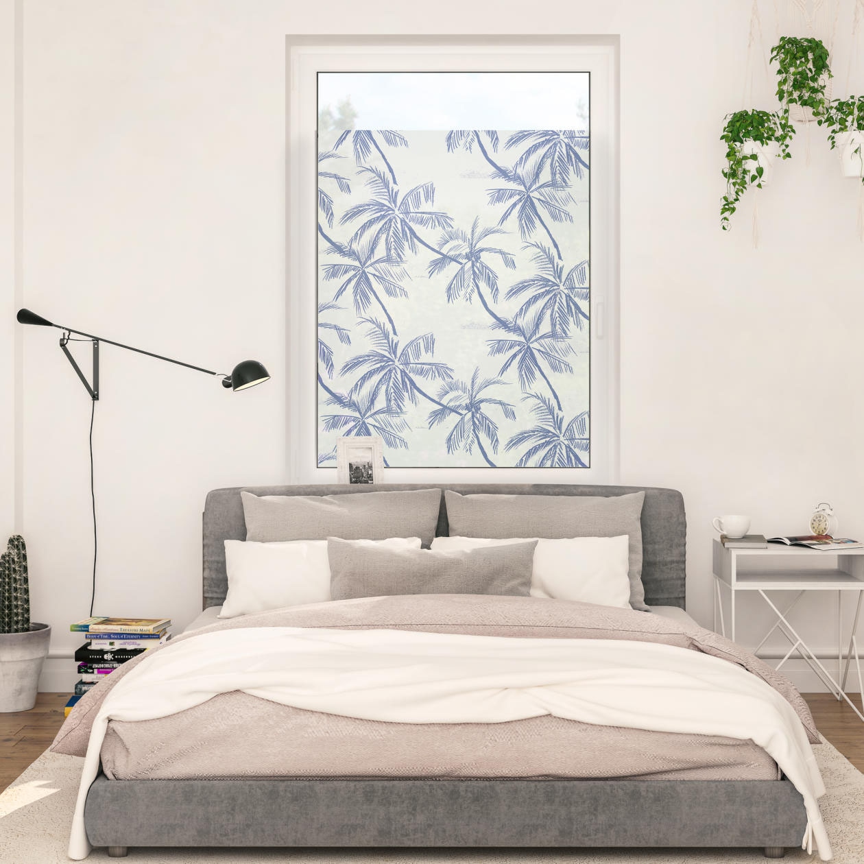 Image of LICHTBLICK ORIGINAL Fensterfolie "Fensterfolie selbstklebend, Sichtschutz, Blueprint Palms - Blau" 1 Stk. blickdicht glatt statisch haftend